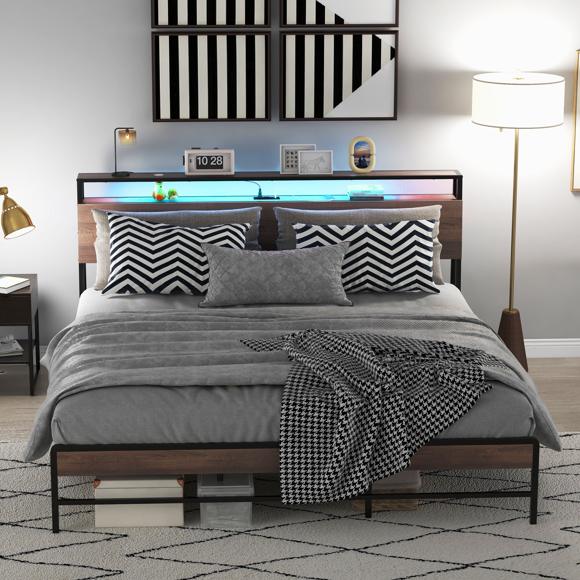 King Size Bed Frame w/ LED Lights,Charging Station & Storage Headboard, Noise Free, Walnut - HOMCOM