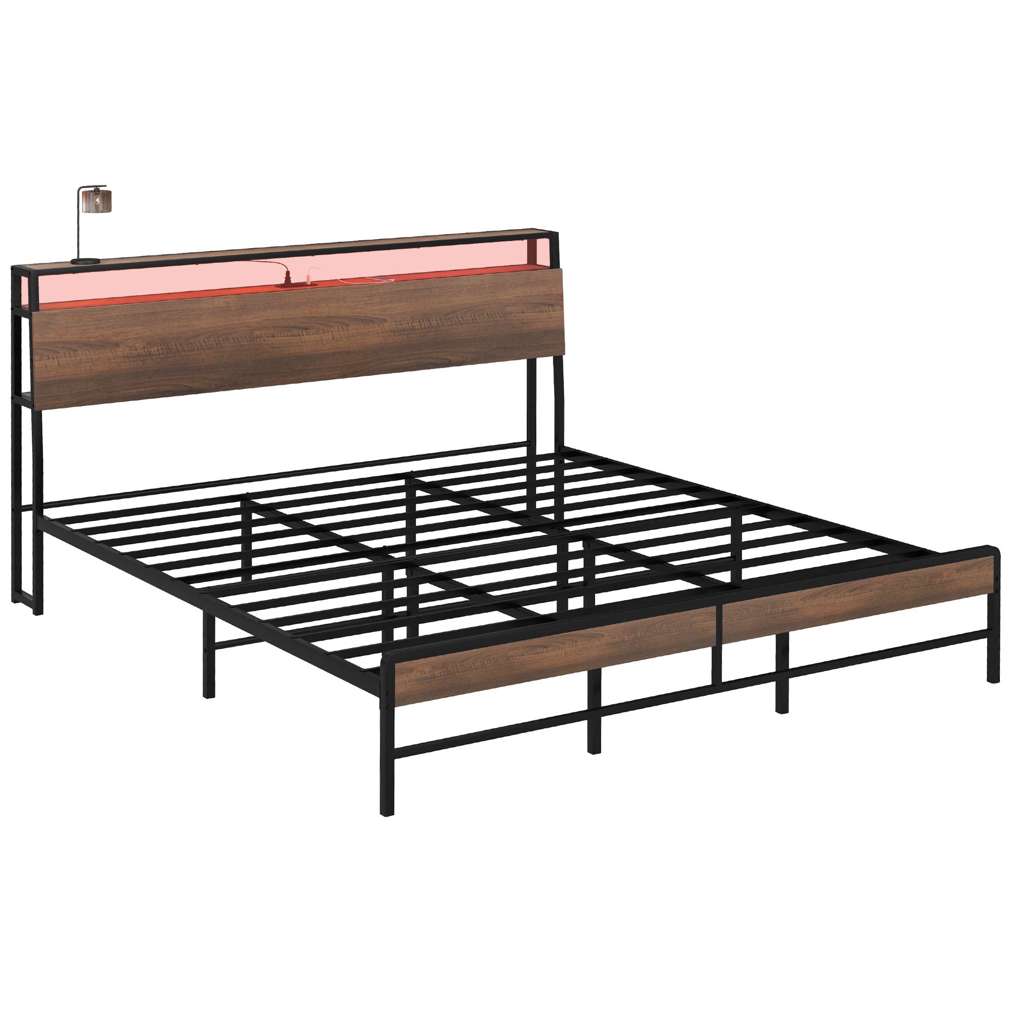 King Size Bed Frame w/ LED Lights,Charging Station & Storage Headboard, Noise Free, Walnut
