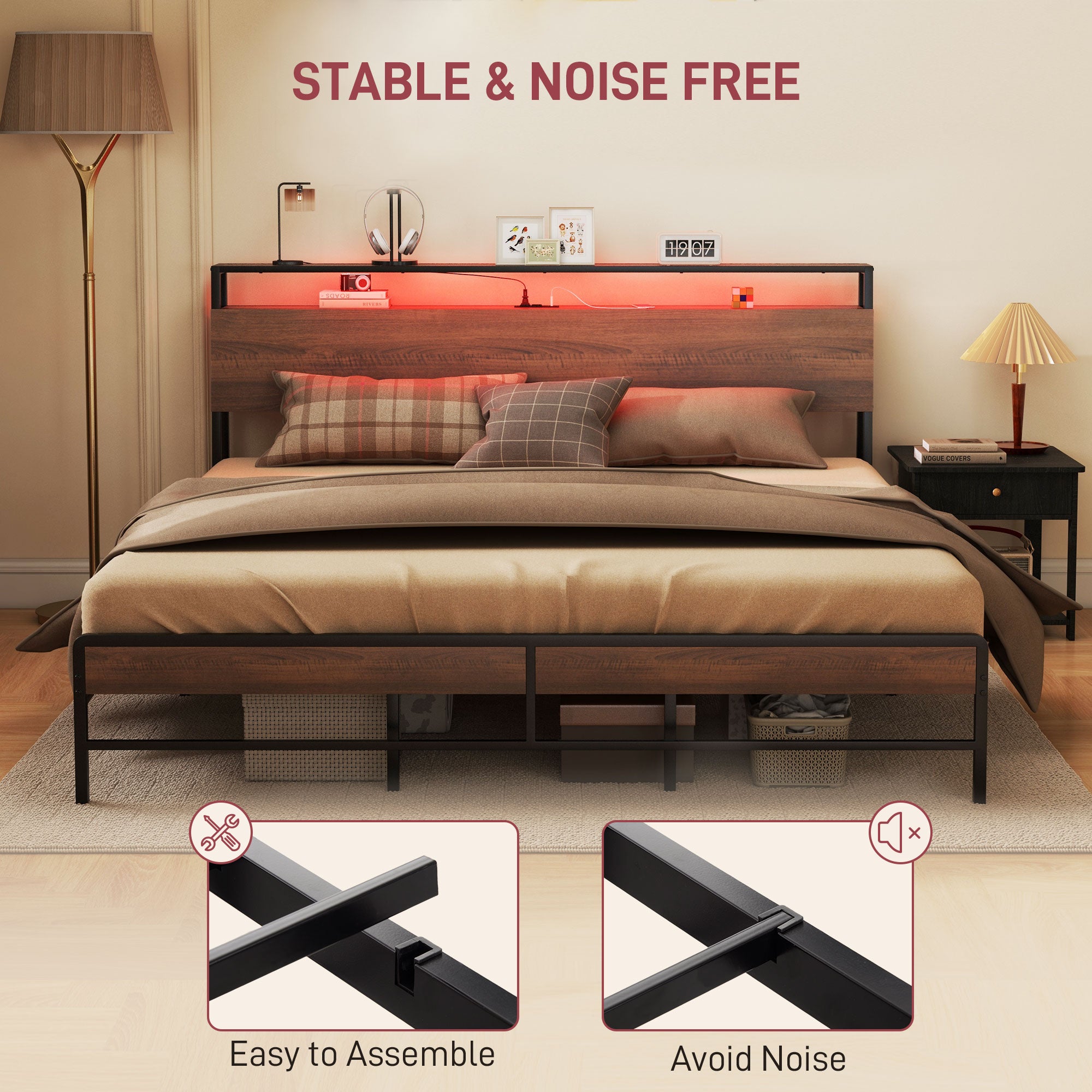 King Size Bed Frame w/ LED Lights,Charging Station & Storage Headboard, Noise Free, Walnut - HOMCOM