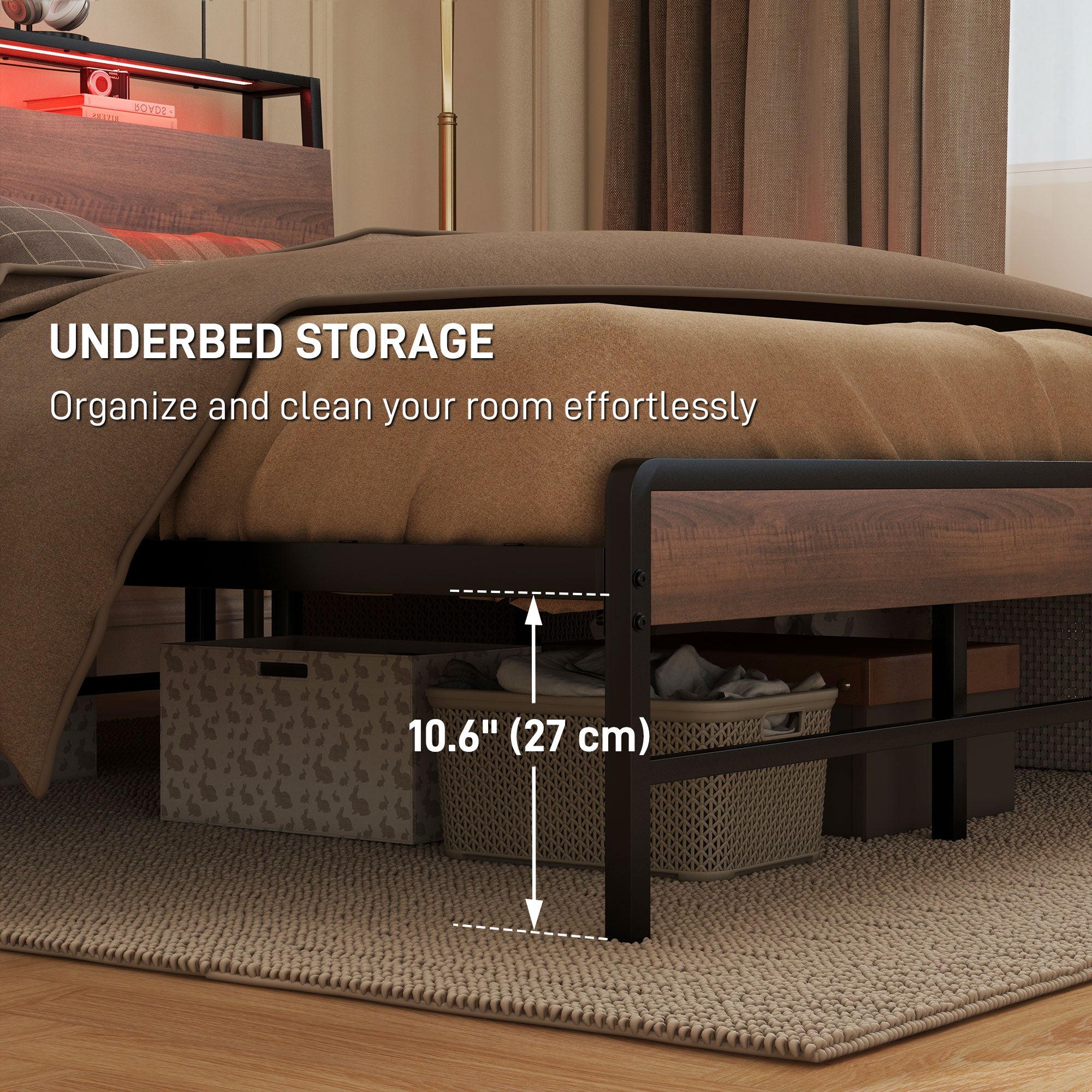 King Size Bed Frame w/ LED Lights,Charging Station & Storage Headboard, Noise Free, Walnut - HOMCOM