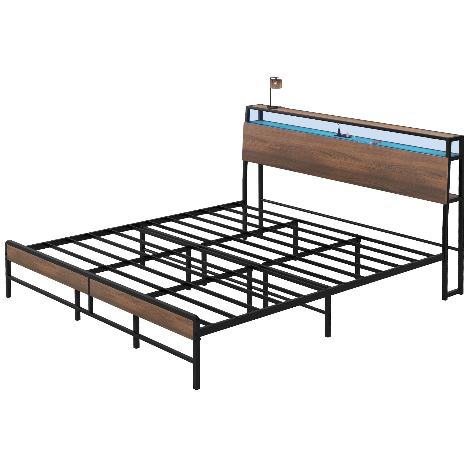 King Size Bed Frame w/ LED Lights,Charging Station & Storage Headboard, Noise Free, Walnut