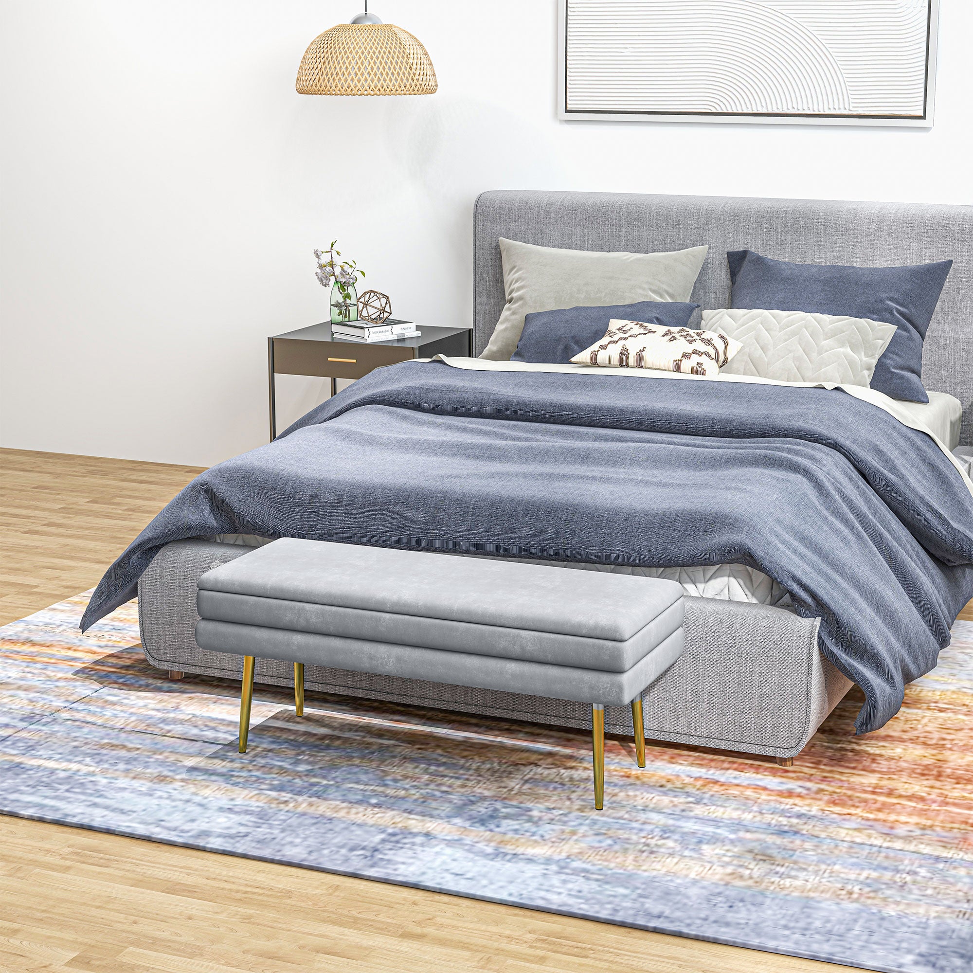 HOMCOM Storage Bench, Velvet-feel Upholstered End of Bed Bench with Gold Tone Legs, Bench with Storage for Living Room, Entryway, Bedroom, Dark Grey