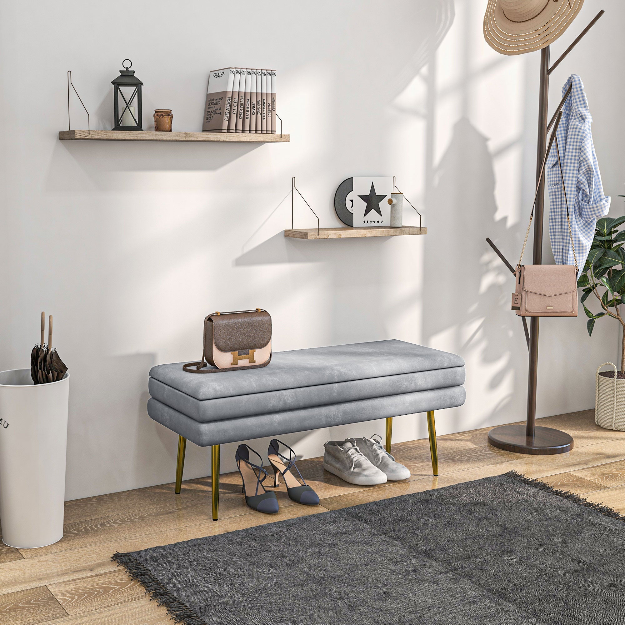 HOMCOM Storage Bench, Velvet-feel Upholstered End of Bed Bench with Gold Tone Legs, Bench with Storage for Living Room, Entryway, Bedroom, Dark Grey