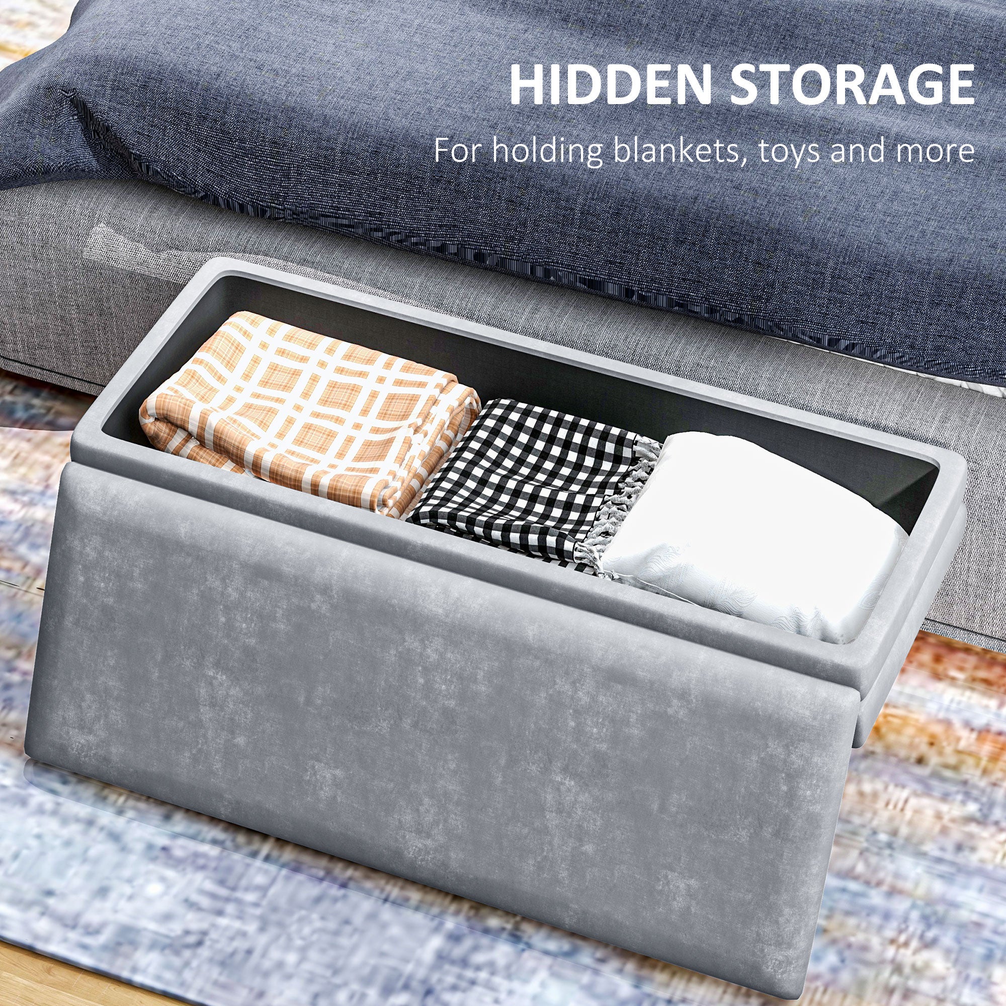 HOMCOM Storage Bench, Velvet-feel Upholstered End of Bed Bench with Gold Tone Legs, Bench with Storage for Living Room, Entryway, Bedroom, Dark Grey