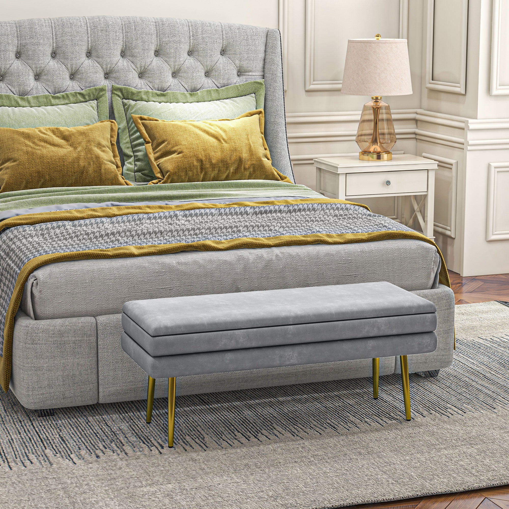 HOMCOM Storage Bench, Velvet-feel Upholstered End of Bed Bench with Gold Tone Legs, Bench with Storage for Living Room, Entryway, Bedroom, Dark Grey
