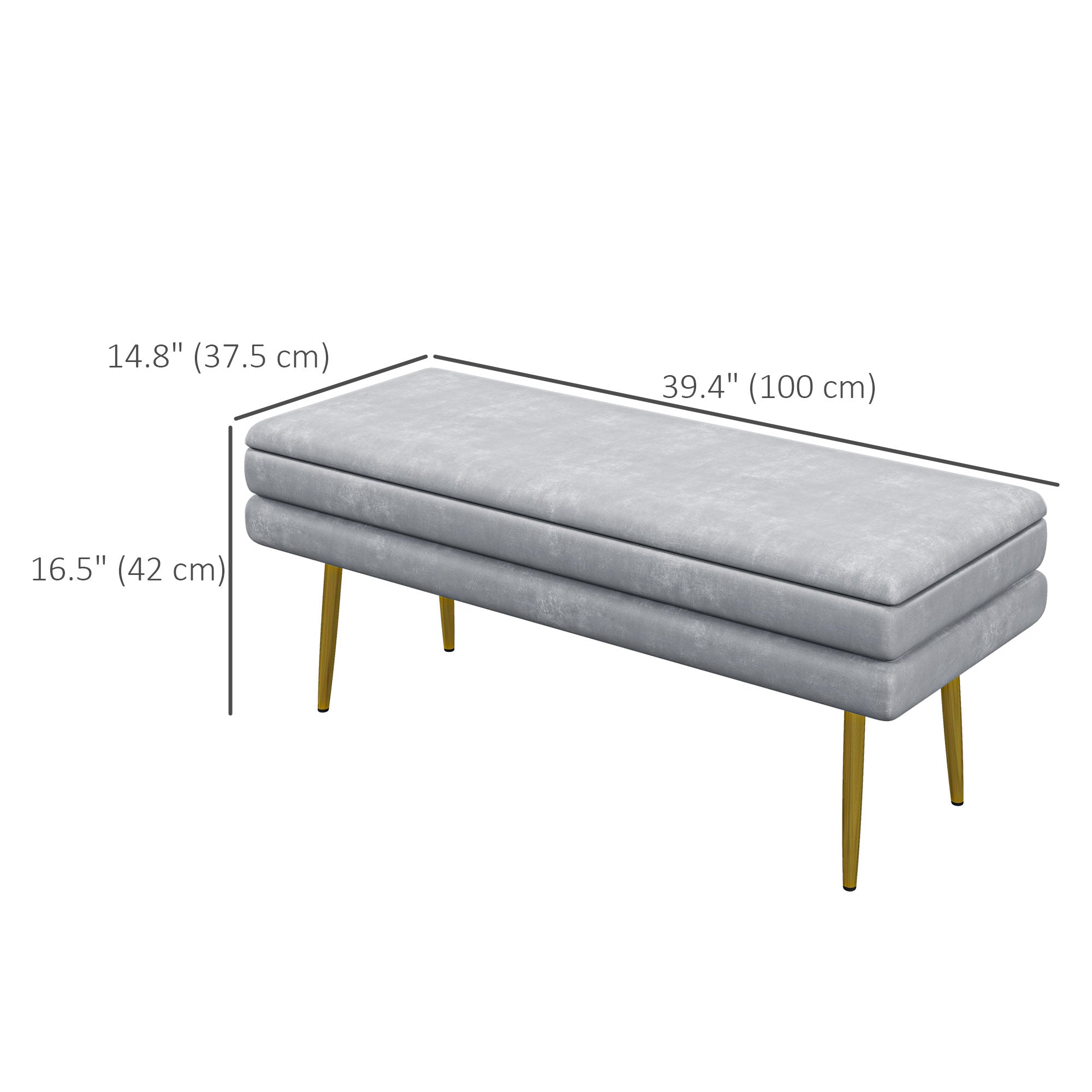 HOMCOM Storage Bench, Velvet-feel Upholstered End of Bed Bench with Gold Tone Legs, Bench with Storage for Living Room, Entryway, Bedroom, Dark Grey