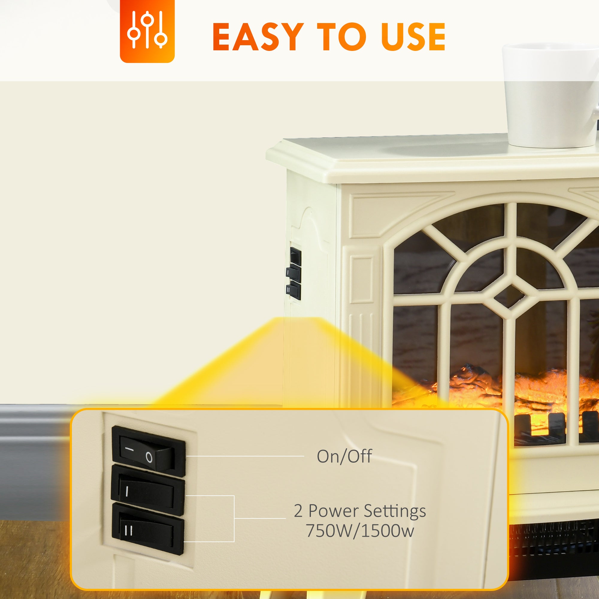 Electric Fireplace Heater w/ Realistic Flames & Overheat Protection, 750W/1500W, Cream White