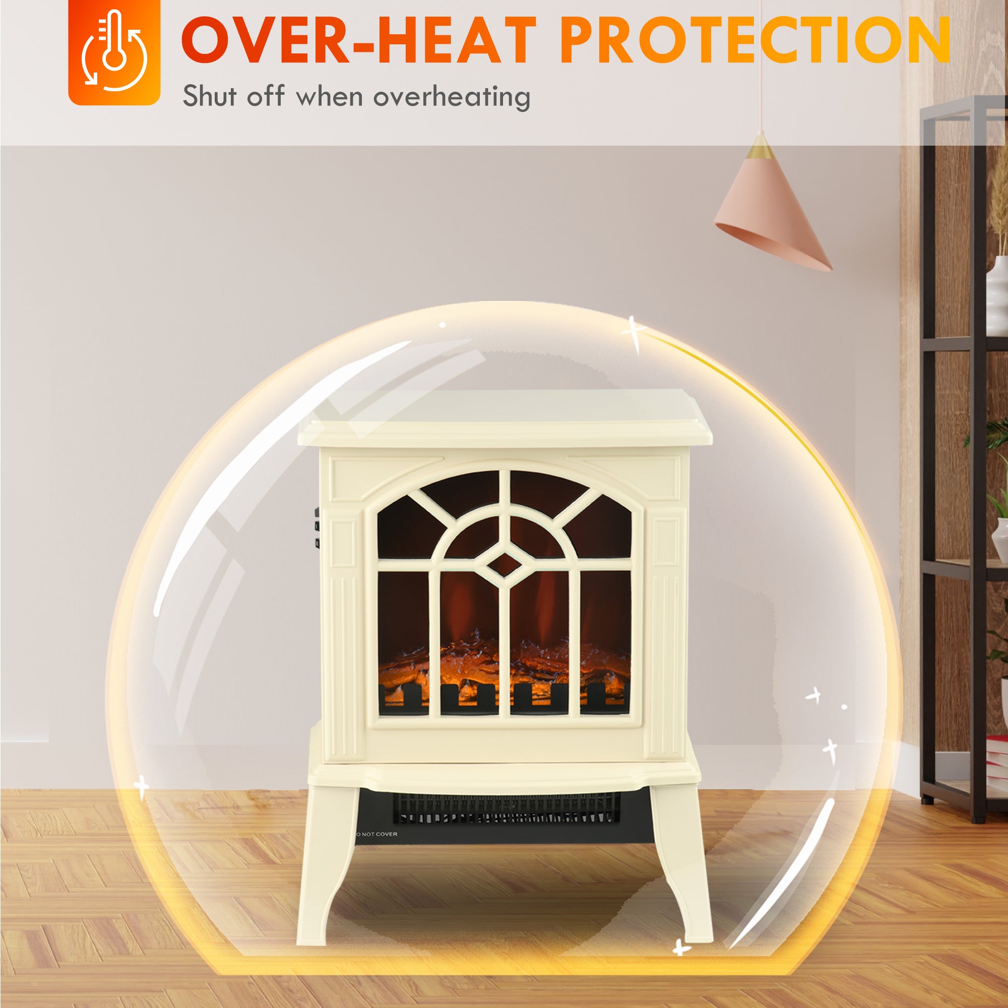 Electric Fireplace Heater w/ Realistic Flames & Overheat Protection, 750W/1500W, Cream White