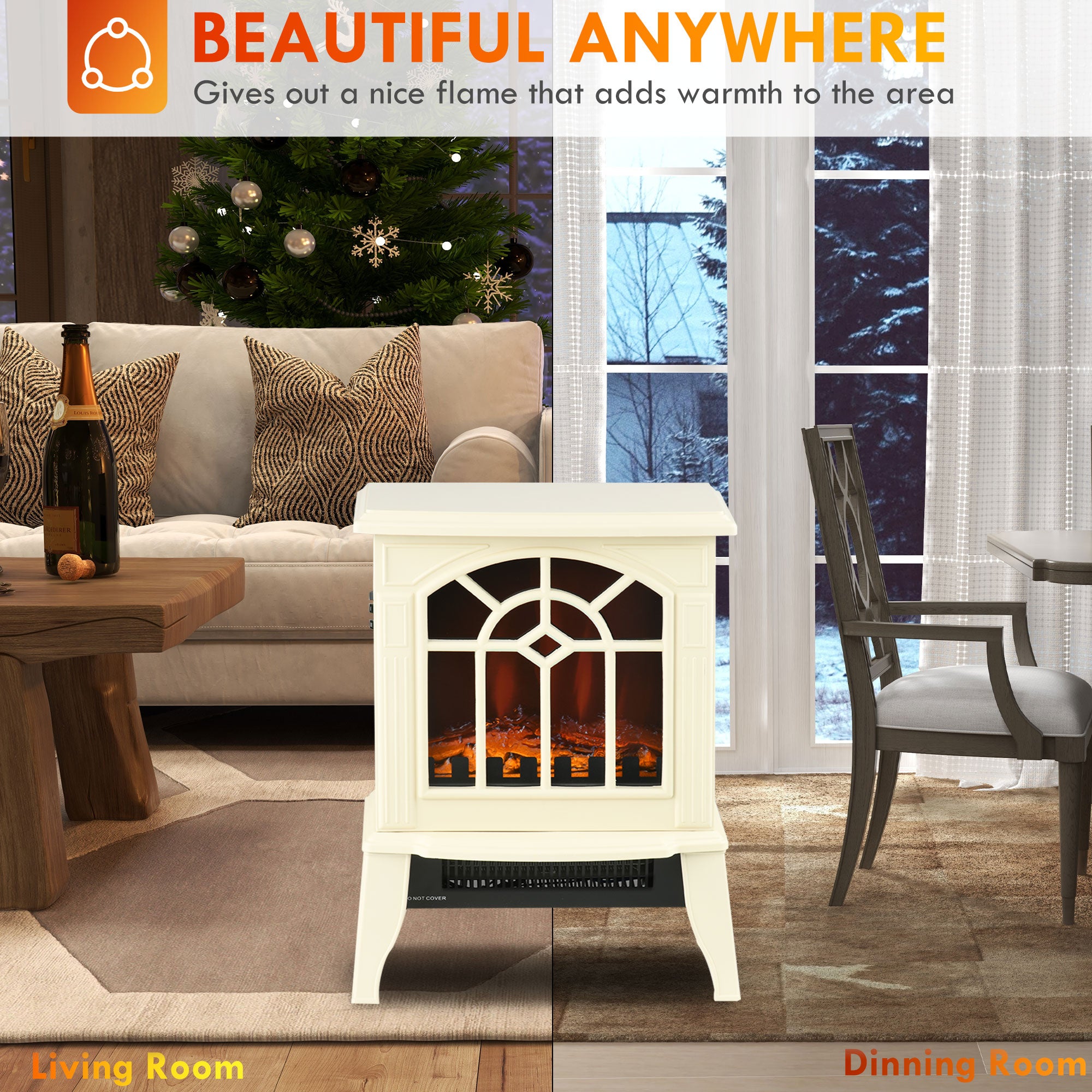 Electric Fireplace Heater w/ Realistic Flames & Overheat Protection, 750W/1500W, Cream White