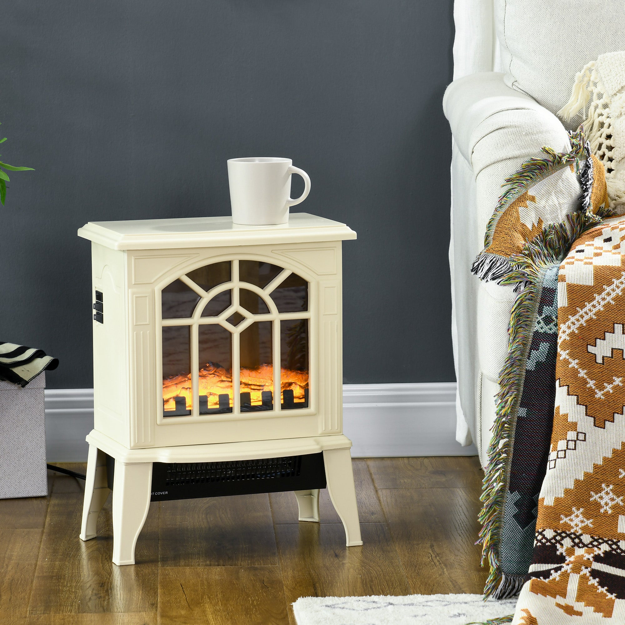 Electric Fireplace Heater w/ Realistic Flames & Overheat Protection, 750W/1500W, Cream White