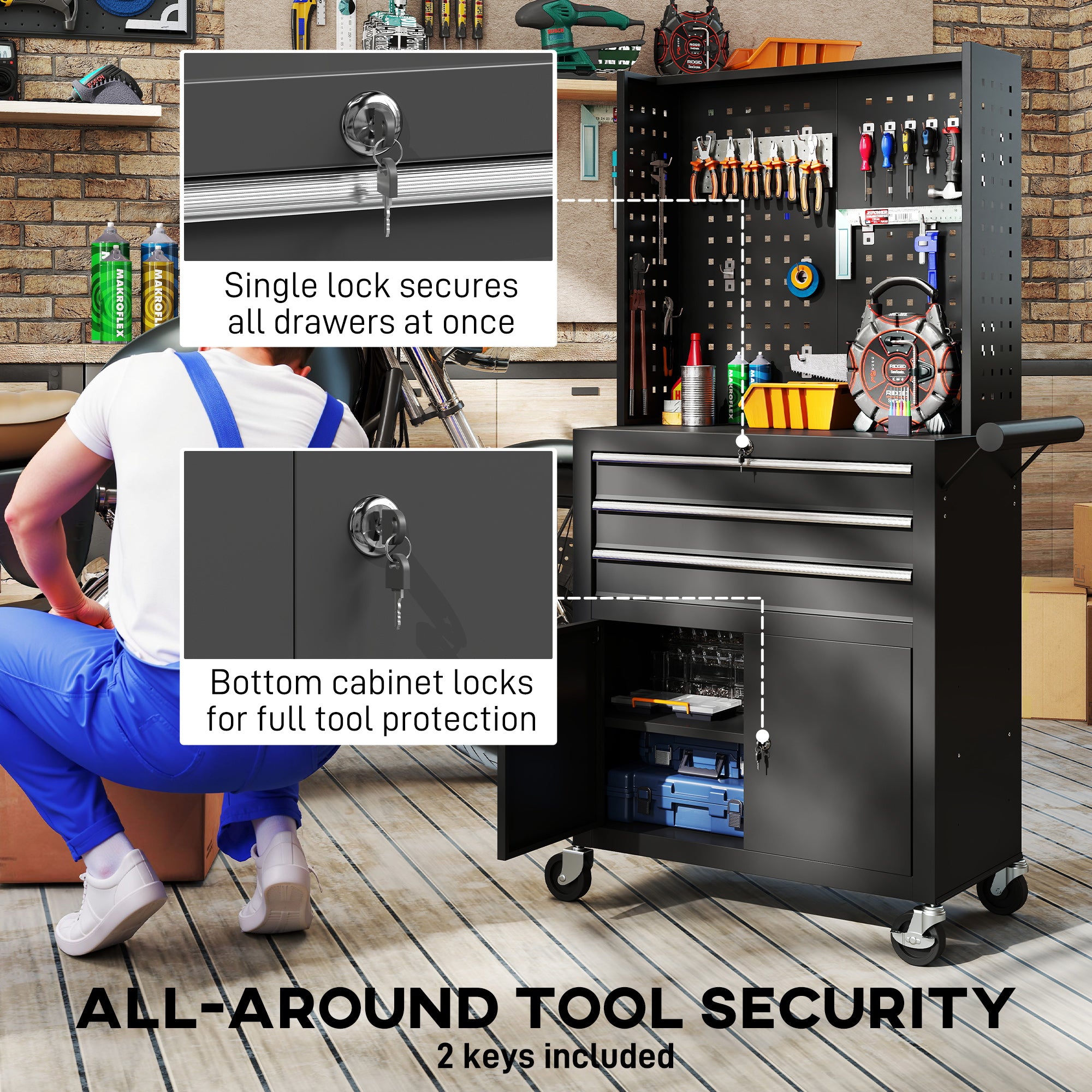Rolling Tool Cabinet with Pegboard, Lockable Tool Chest with 3 Drawers and Adjustable Shelf, Mobile Tool Storage Organizer for Garage and Workshop, Black