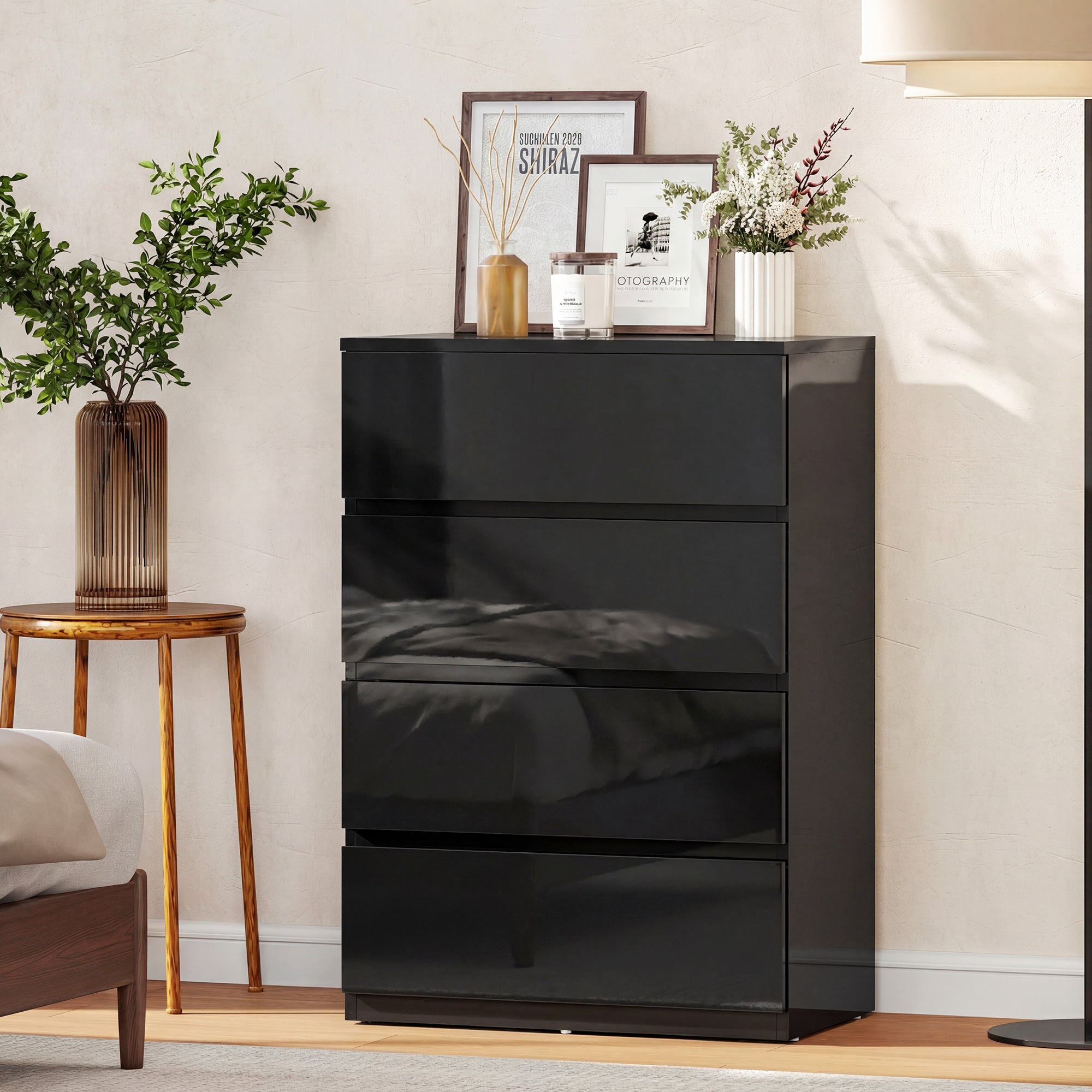 Chest of Drawers, 4 Drawers Storage Cabinet Floor Tower Cupboard for Bedroom Living Room, High Gloss Black