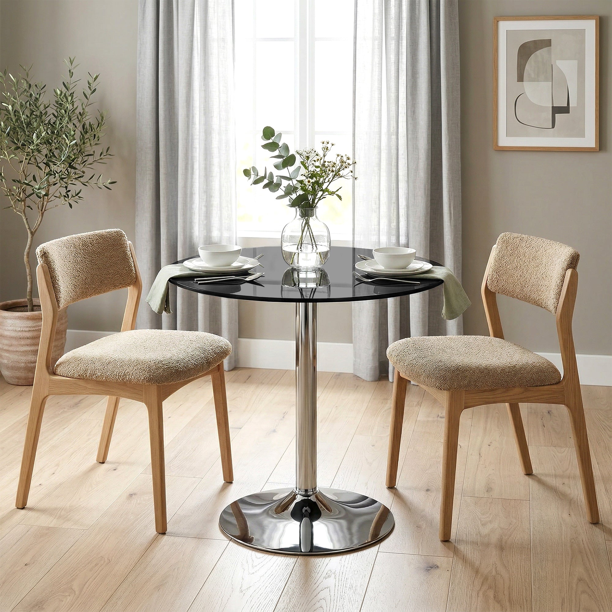 Round Bar Table, Modern Dining Table with Tempered Glass Top and Steel Frame for 4, Easy Assembly for Breakfast Bar, Dining Room, 70 x 70 x 75.5cm, Black