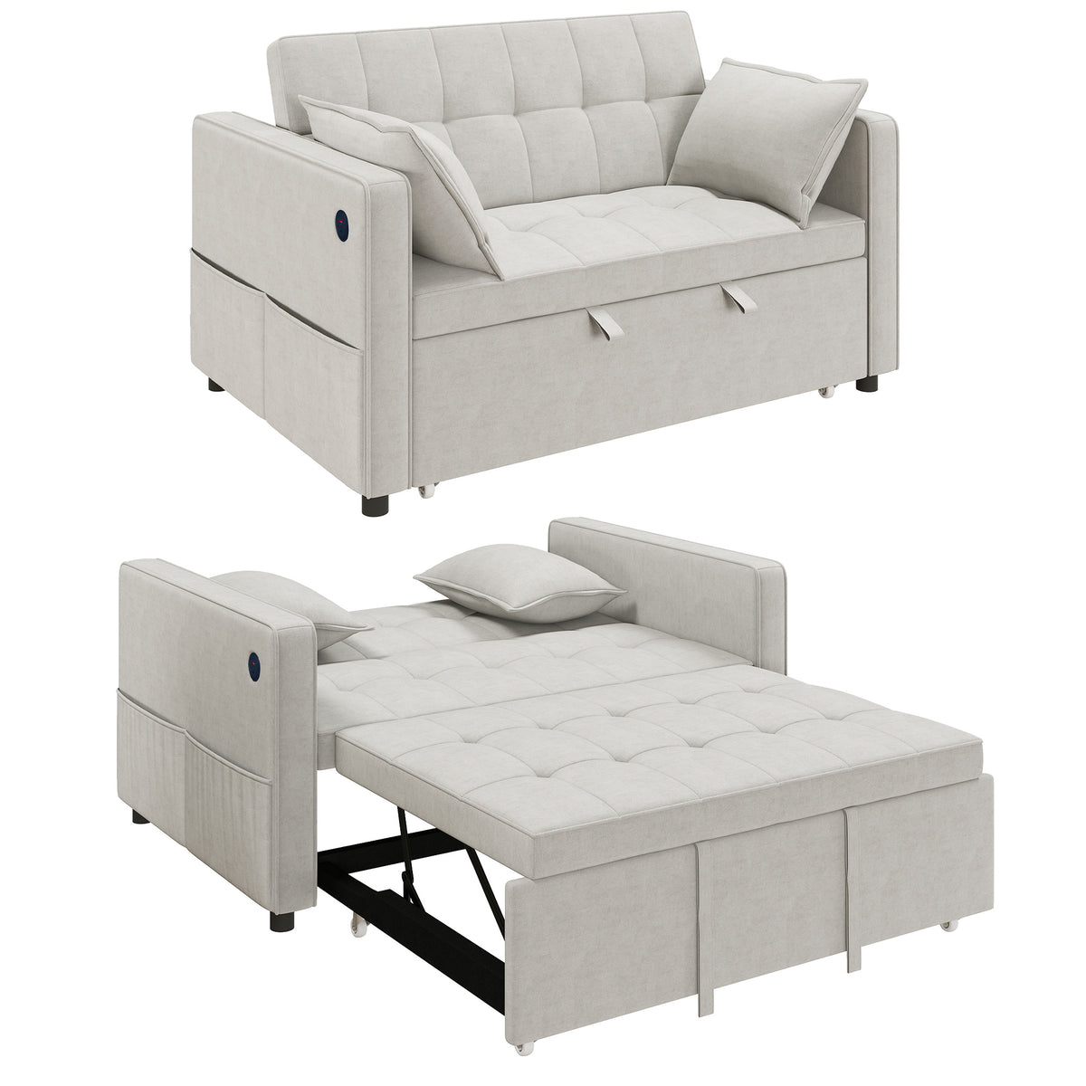 Convertible Sofa Bed with USB & Adjustable Back, Beige | HOMCOM