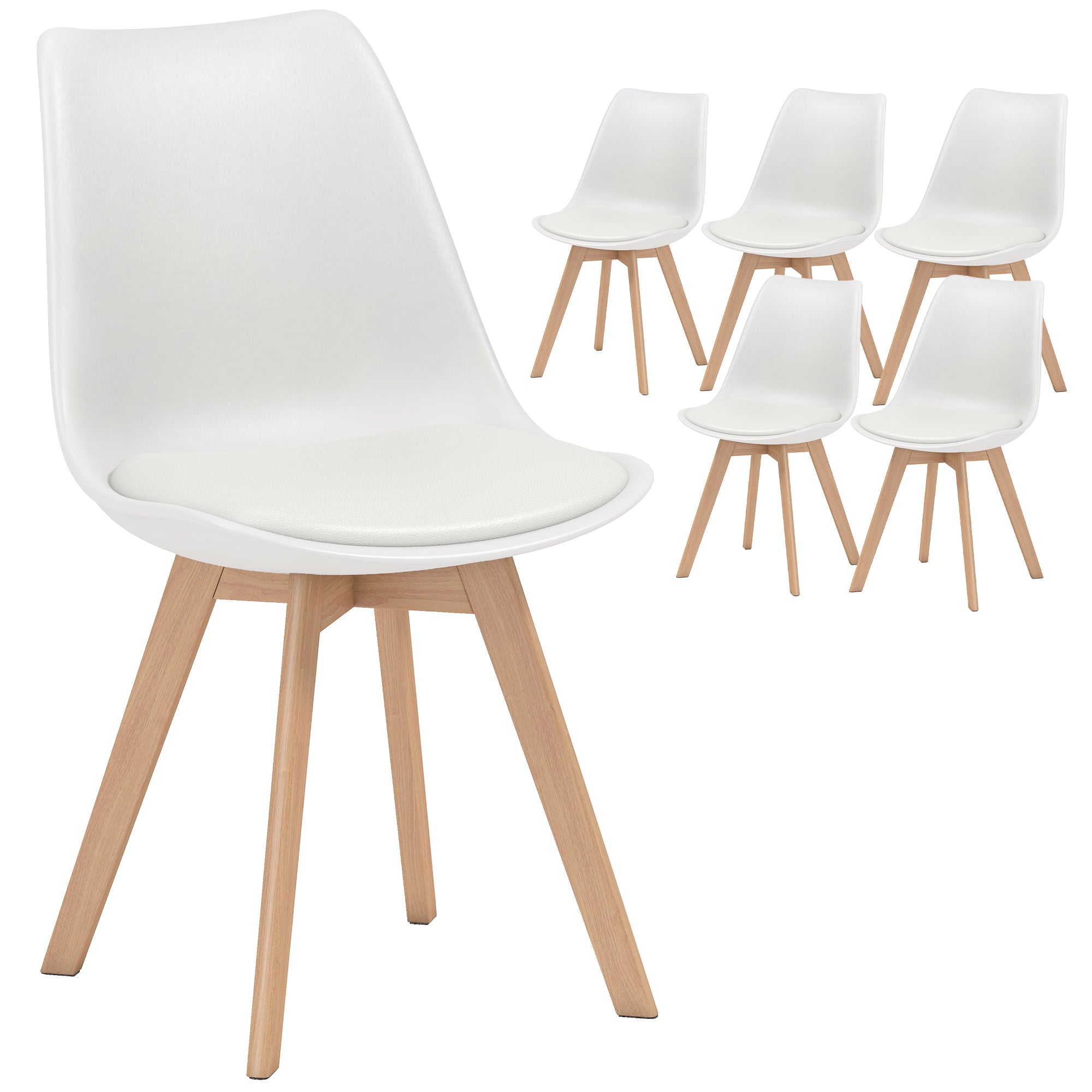 Dining Chairs Set of 6, Modern Kitchen Chairs with PU Leather Cushion and Wood Base, Upholstered Accent Chairs for Living Room and Dining Room, White
