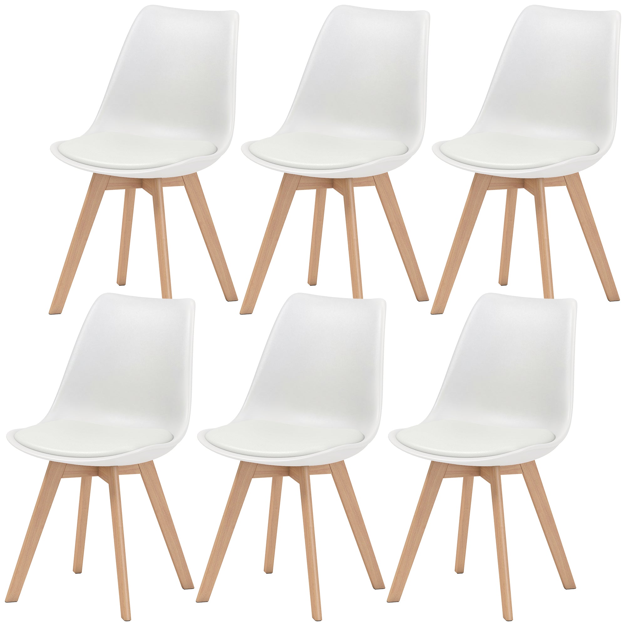 Dining Chairs Set of 6, Modern Kitchen Chairs with PU Leather Cushion and Wood Base, Upholstered Accent Chairs for Living Room and Dining Room, White