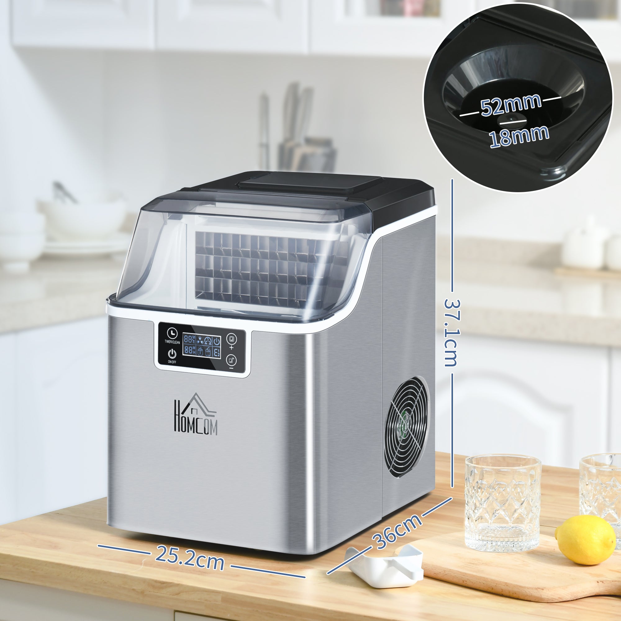 HOMCOM Ice Maker Machine Countertop, Stainless Steel Portable Ice Cube Maker, 2 Ways to Add Water, 24kg/Day, 24 Pcs Ready in 14 Mins, Self-Cleaning with Scoop & Basket, 3.2L, for Home Office, Silver