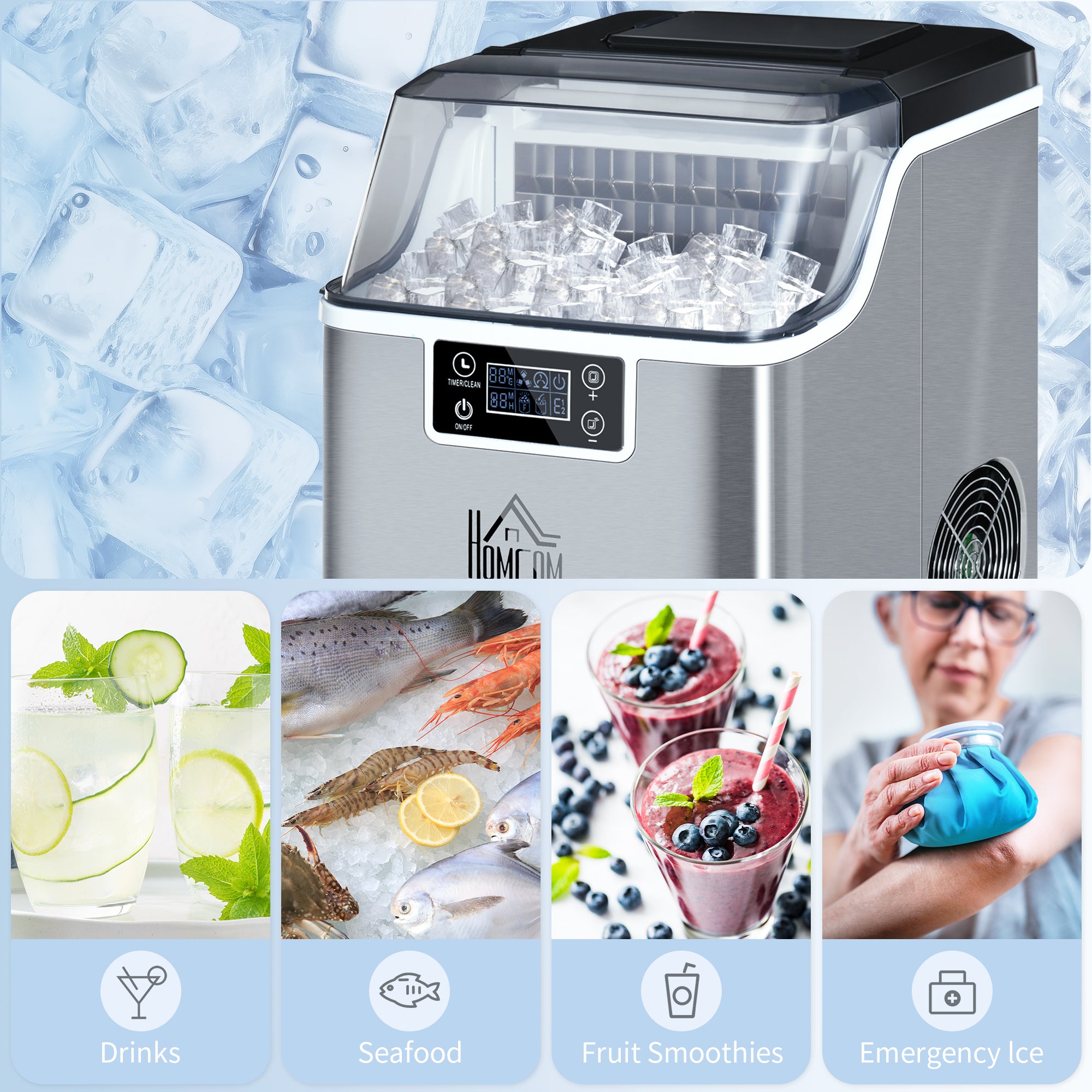 HOMCOM Ice Maker Machine Countertop, Stainless Steel Portable Ice Cube Maker, 2 Ways to Add Water, 24kg/Day, 24 Pcs Ready in 14 Mins, Self-Cleaning with Scoop & Basket, 3.2L, for Home Office, Silver