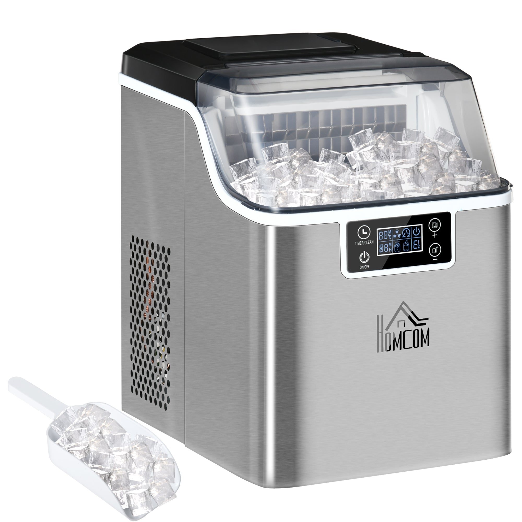 HOMCOM Ice Maker Machine Countertop, Stainless Steel Portable Ice Cube Maker, 2 Ways to Add Water, 24kg/Day, 24 Pcs Ready in 14 Mins, Self-Cleaning with Scoop & Basket, 3.2L, for Home Office, Silver