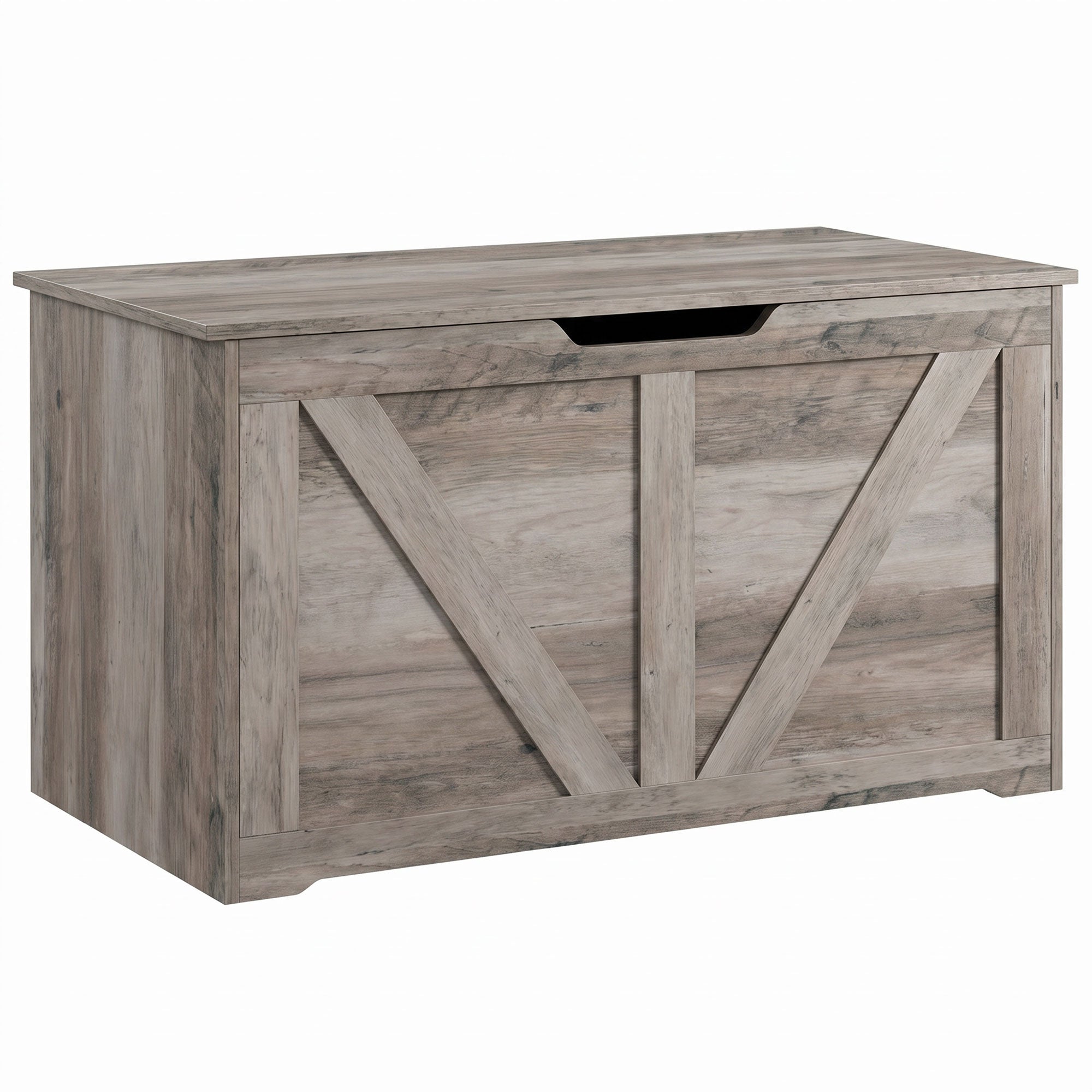 100L Storage Chest, Shoe Storage Trunk Bench Box with Safety Hinge and U-shaped Cut-out Pull, Blanket Box Ottoman for Bedroom, Living Room, Entryway, 80 x 40 x 45 cm, Grey Wood-Effect