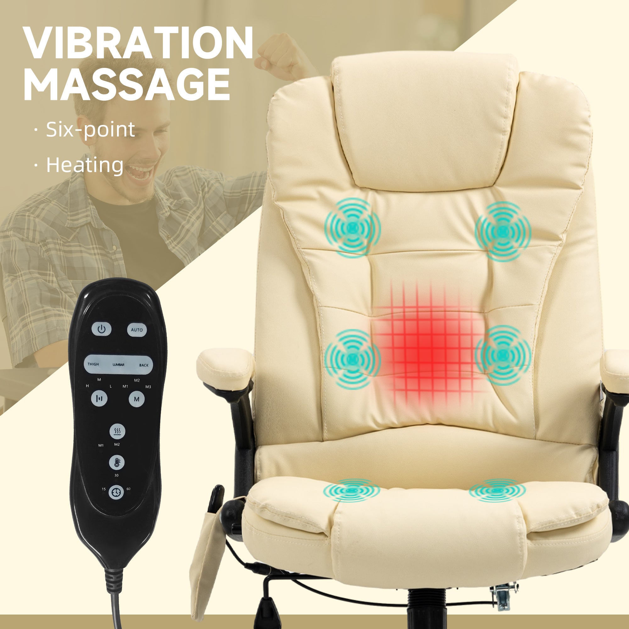 Heated Massage Office Chair with 6 Vibration Points, Armrest and Remote, Beige