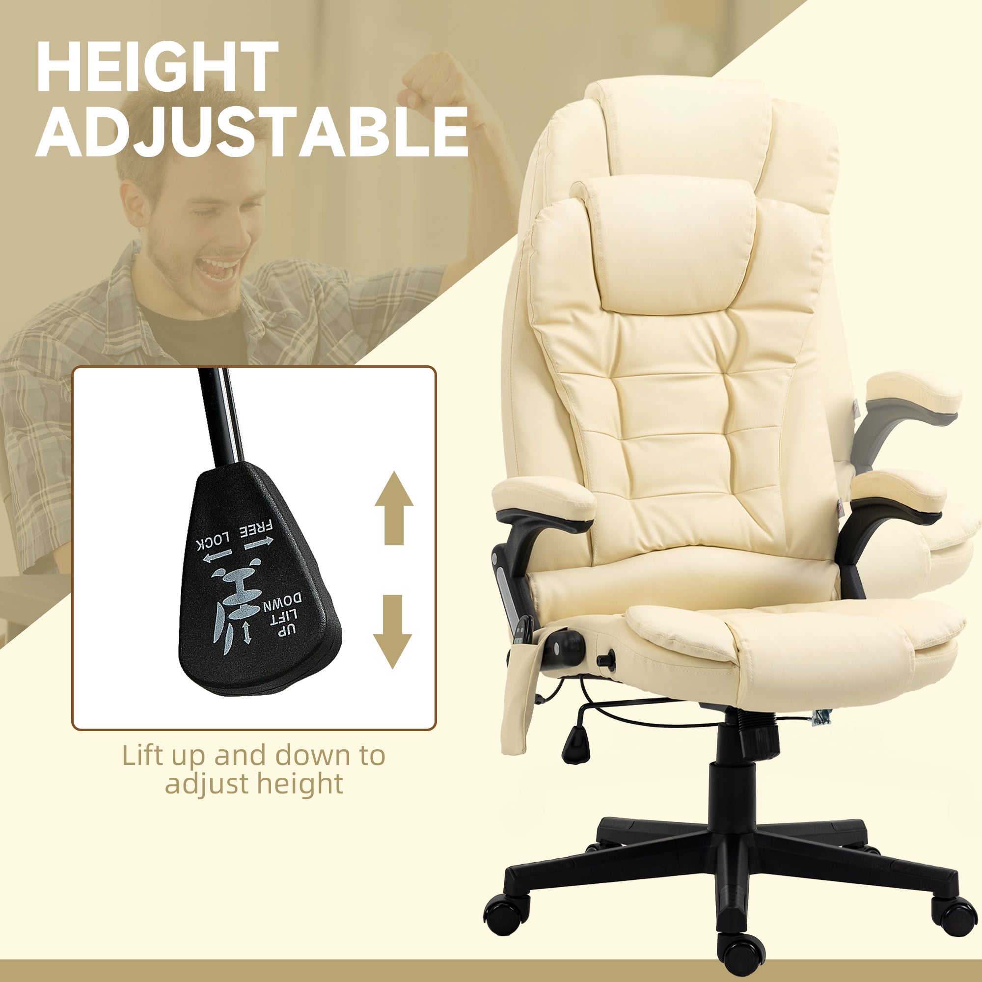 Heated Massage Office Chair with 6 Vibration Points, Armrest and Remote, Beige