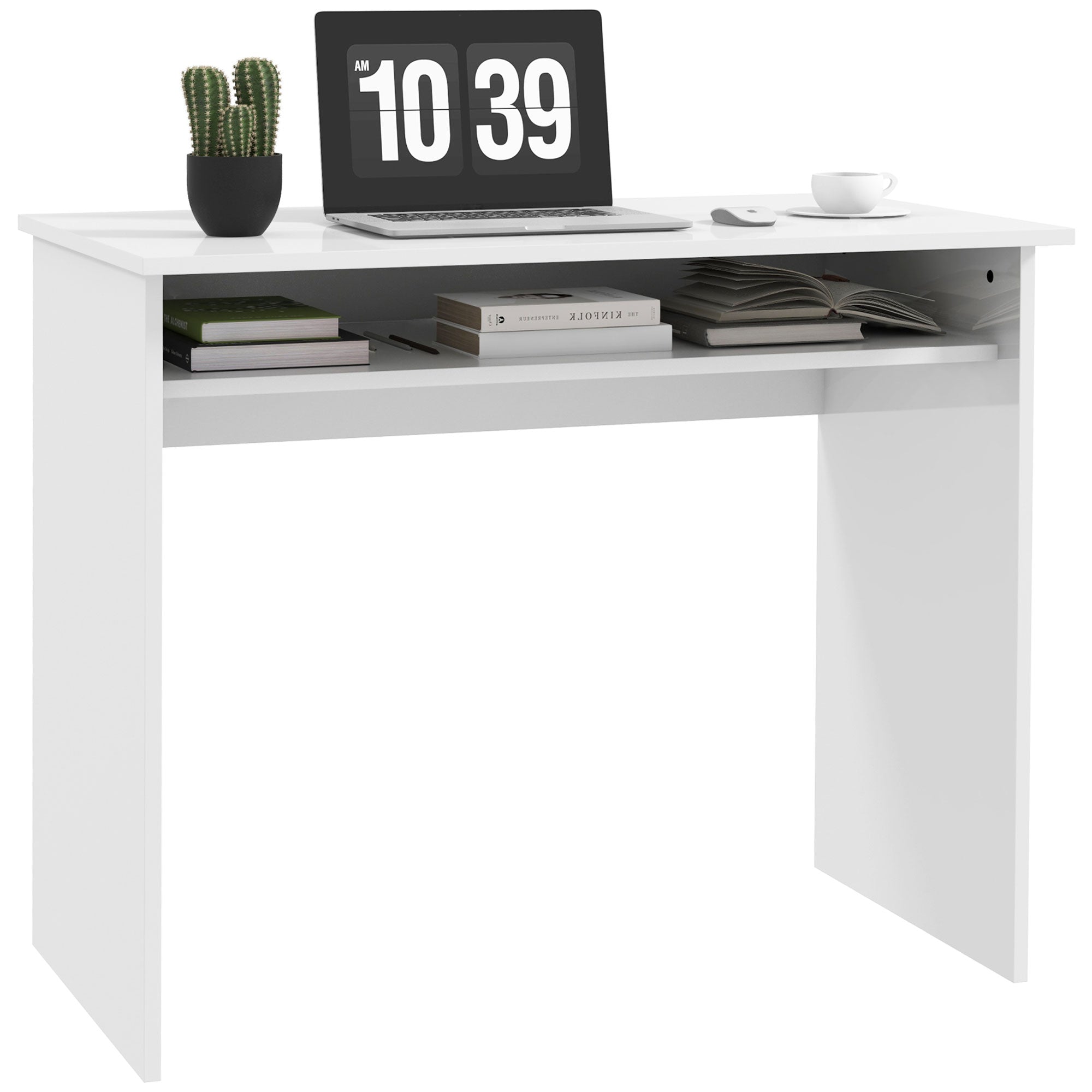 HOMCOM Modern Computer Desk, Home Office Table, Small Writing Desk with Storage Shelf, 90 x 50cm, High Gloss White