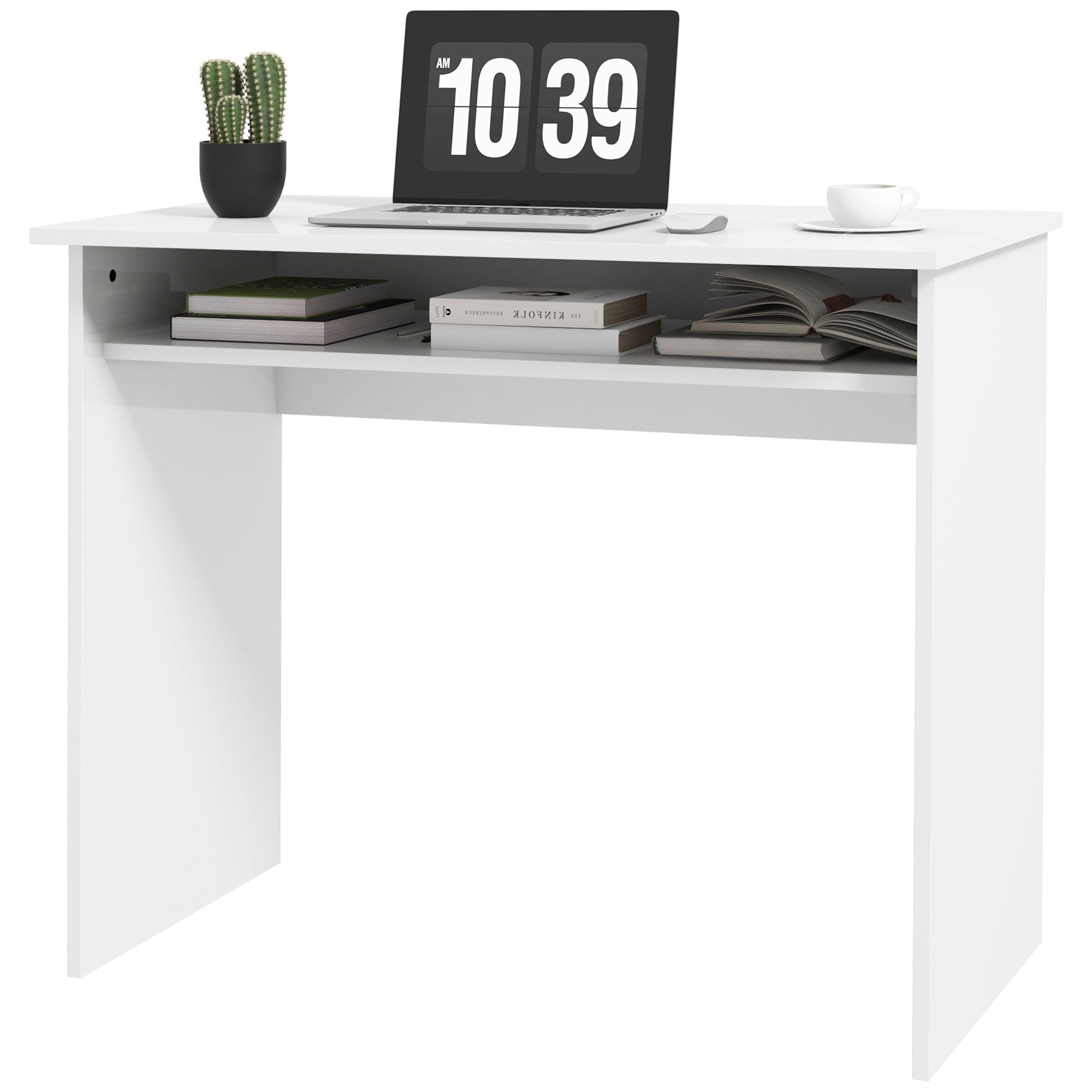 HOMCOM Modern Computer Desk, Home Office Table, Small Writing Desk with Storage Shelf, 90 x 50cm, High Gloss White
