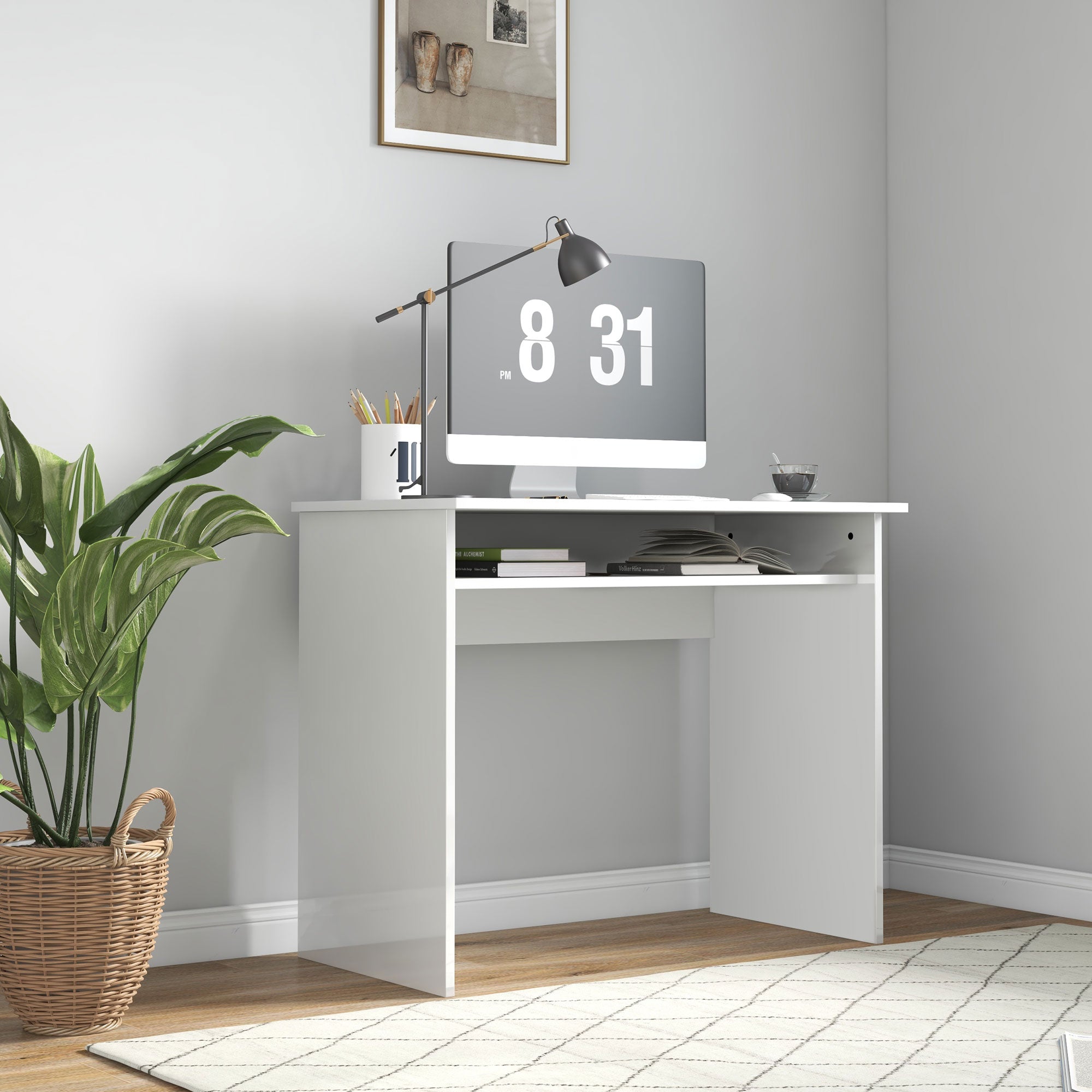 HOMCOM Modern Computer Desk, Home Office Table, Small Writing Desk with Storage Shelf, 90 x 50cm, High Gloss White