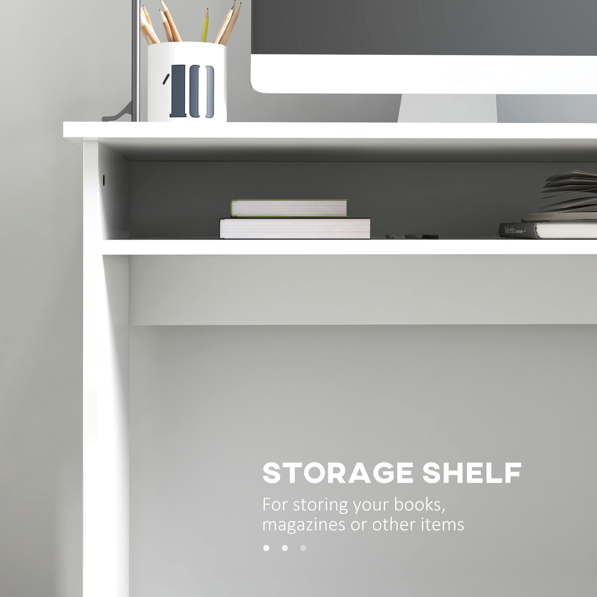 HOMCOM Modern Computer Desk, Home Office Table, Small Writing Desk with Storage Shelf, 90 x 50cm, High Gloss White