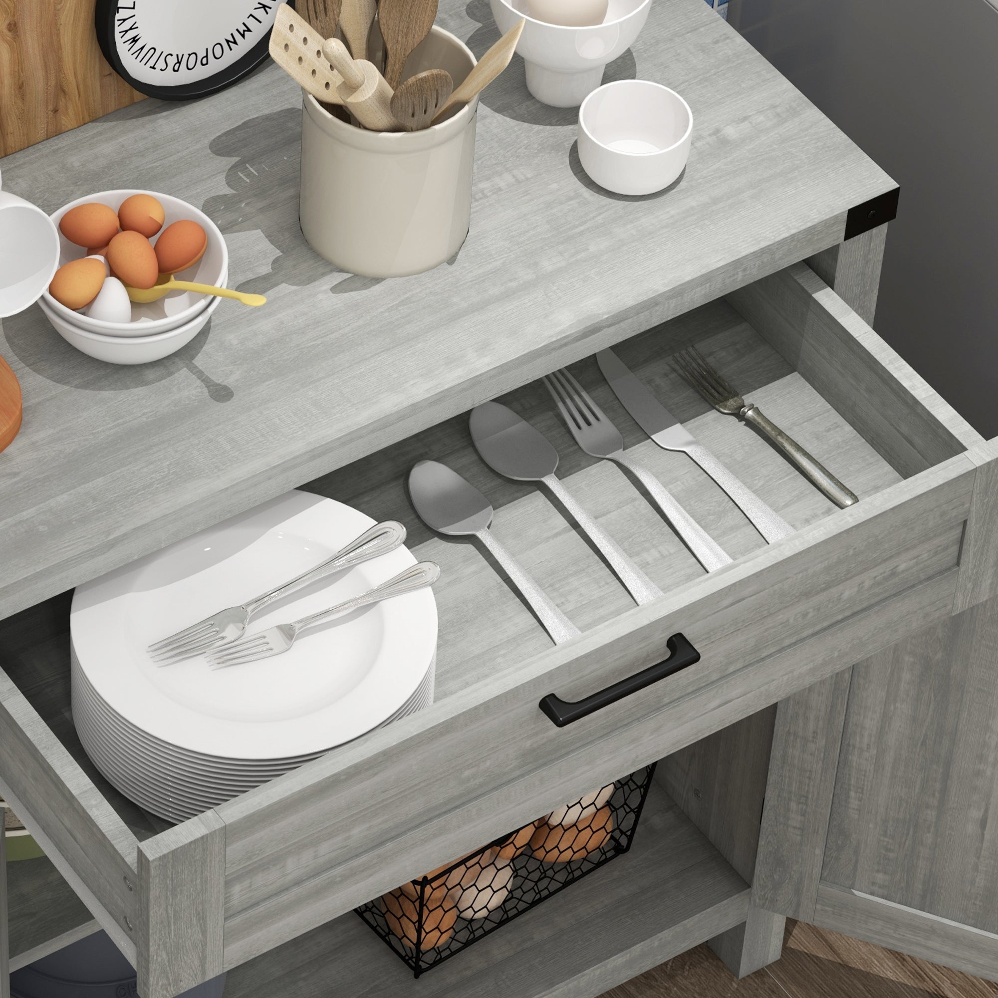 Farmhouse Sideboard, Storage Buffet Cabinet w/ 2 Barn Doors & Drawer, Gray