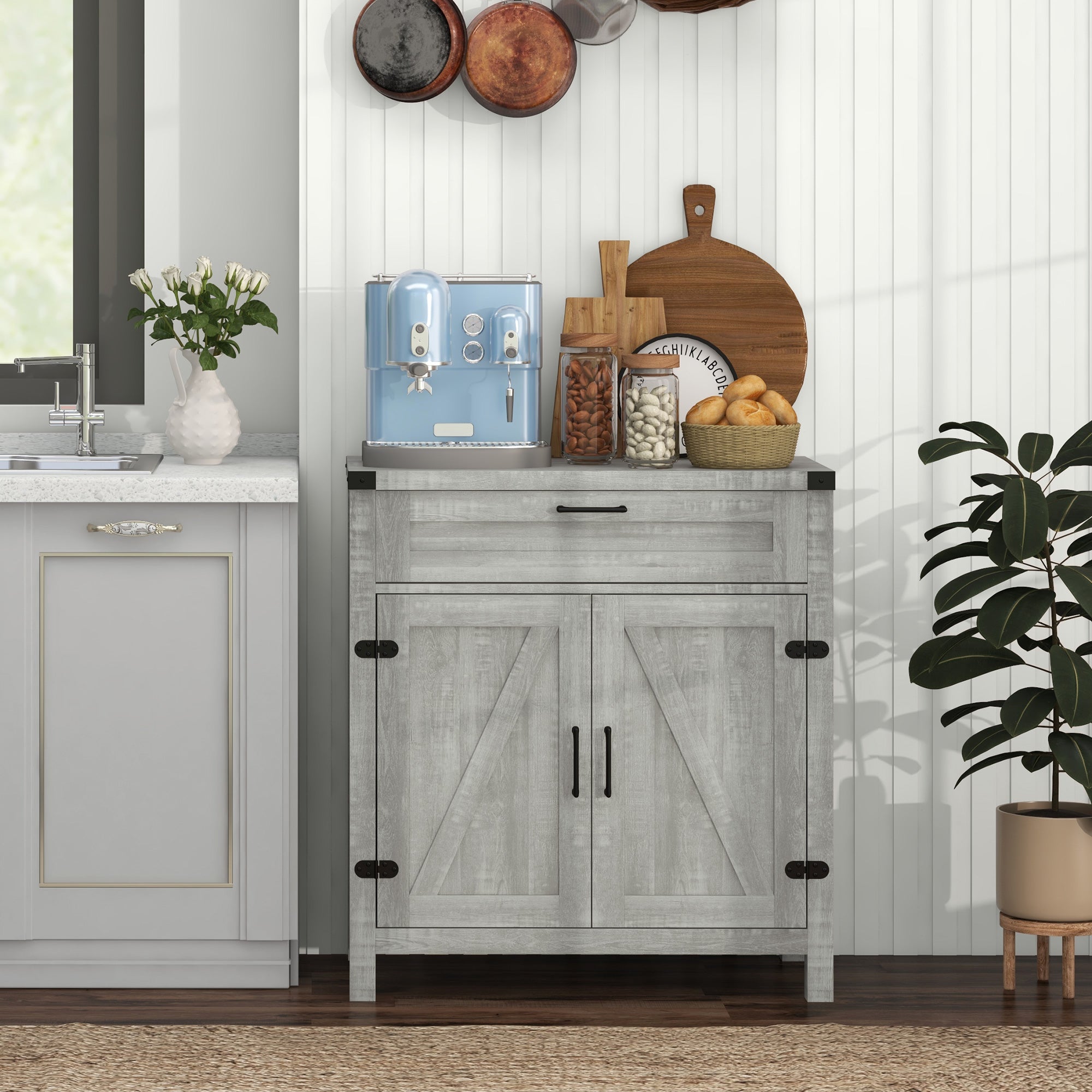 Farmhouse Sideboard, Storage Buffet Cabinet w/ 2 Barn Doors & Drawer, Gray