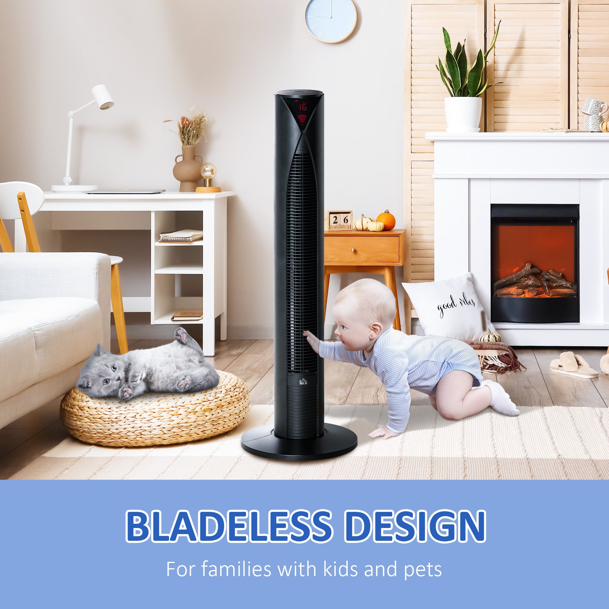 Freestanding Tower Fan Cooling for Home Bedroom with Oscillating, 4 Modes, 3 Speeds, 12h Timer, LED Sensor Panel, Remote Controller, Black