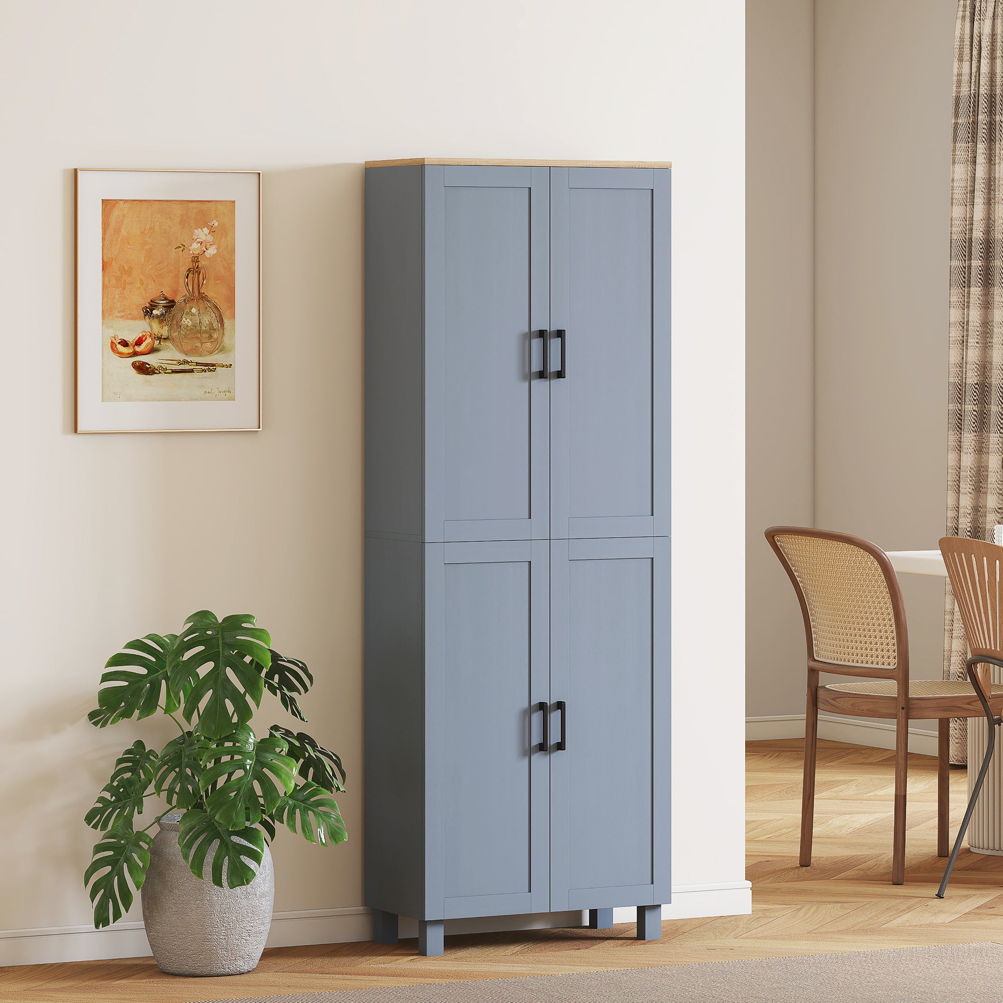 Freestanding Kitchen Cupboard, 4-Door Storage Cabinet with Adjustable Shelves, Modern Kitchen Pantry for Dining Room, 170cm, Grey Wood Effect