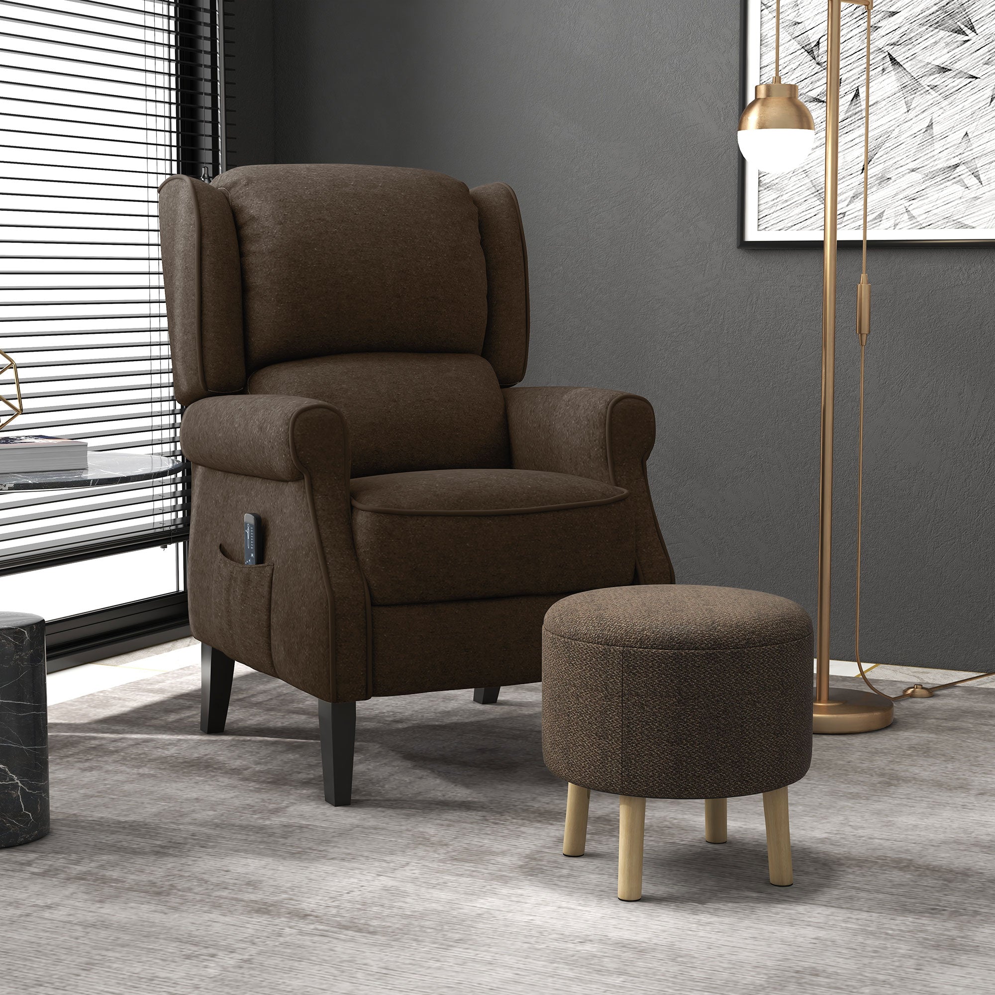 HOMCOM Round Storage Stool, Linen Fabric Upholstered Foot Stool with Removable Top, Padded Seat, Hidden Space and Wooden Legs for Living Room, Brown