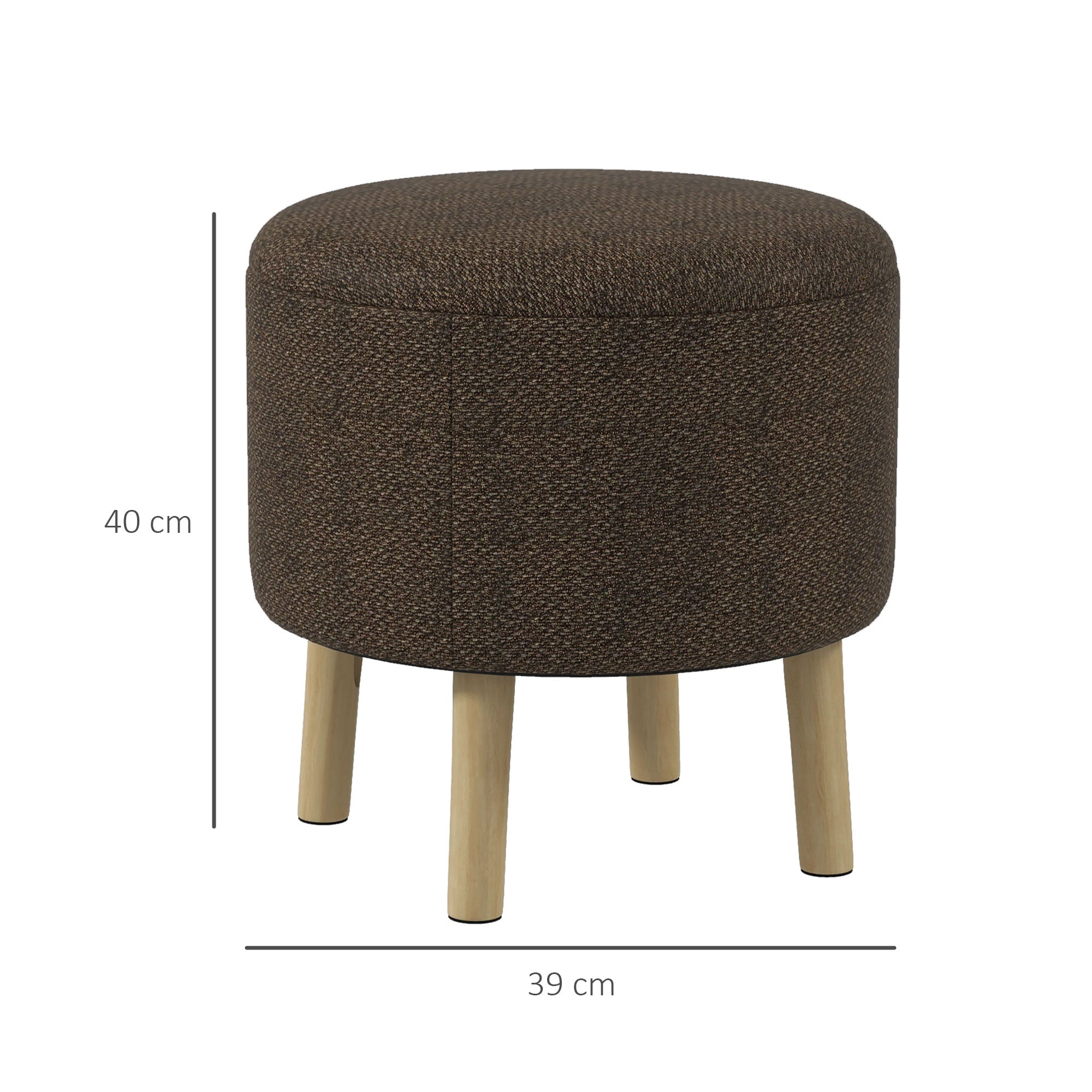 HOMCOM Round Storage Stool, Linen Fabric Upholstered Foot Stool with Removable Top, Padded Seat, Hidden Space and Wooden Legs for Living Room, Brown