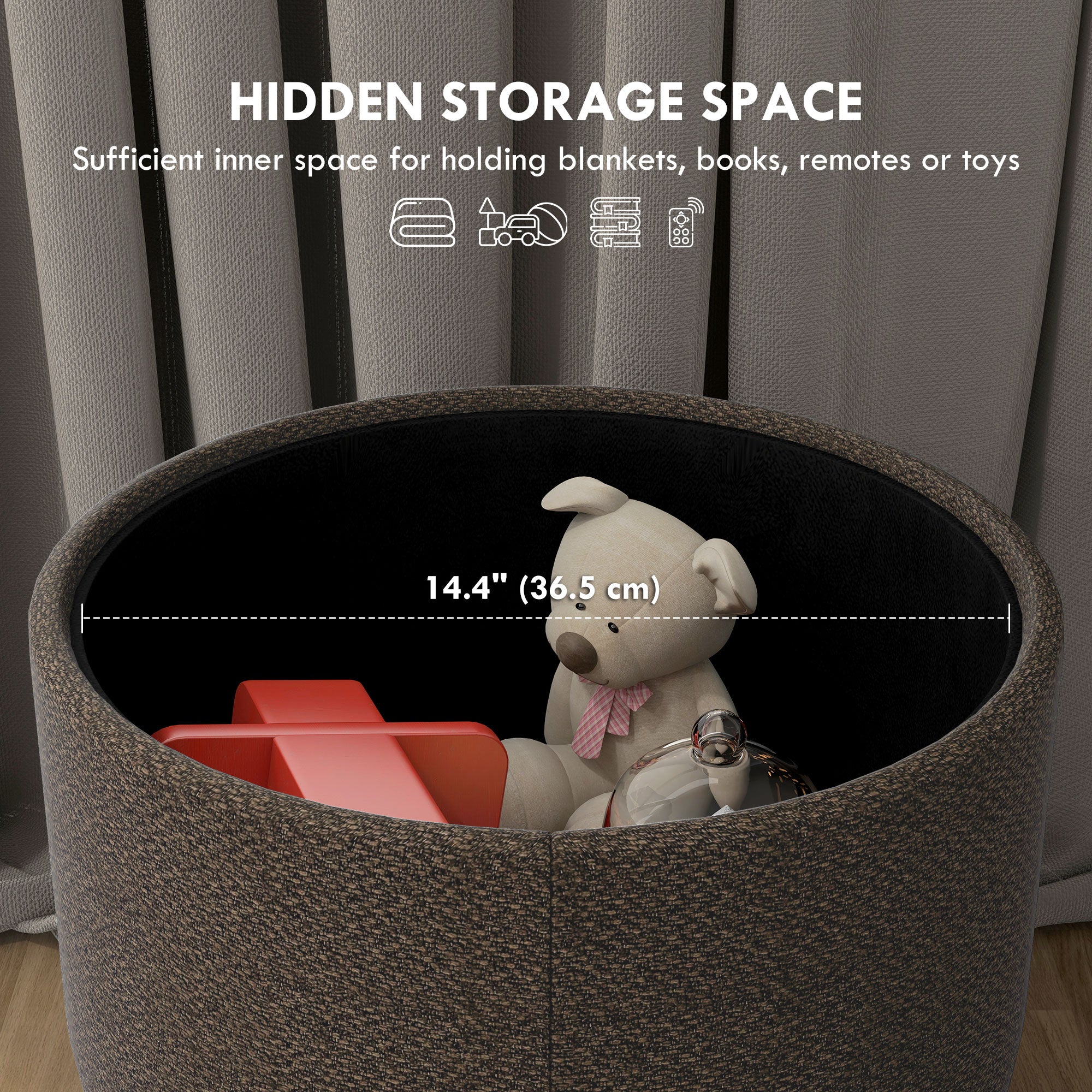 HOMCOM Round Storage Stool, Linen Fabric Upholstered Foot Stool with Removable Top, Padded Seat, Hidden Space and Wooden Legs for Living Room, Brown