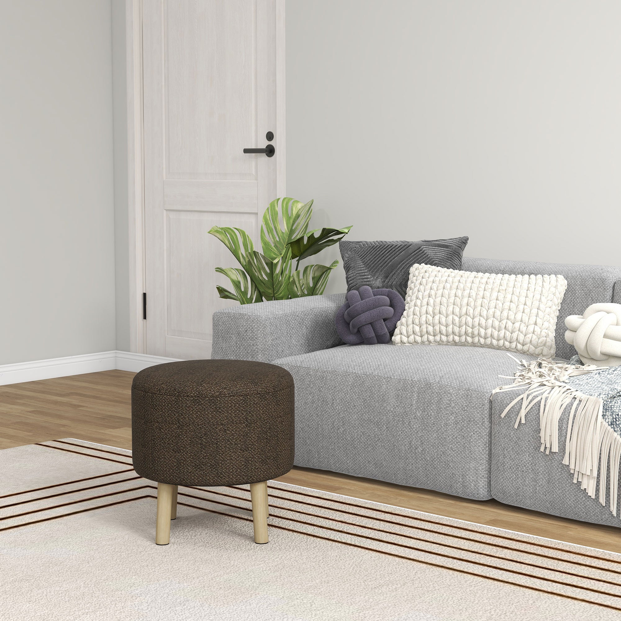 HOMCOM Round Storage Stool, Linen Fabric Upholstered Foot Stool with Removable Top, Padded Seat, Hidden Space and Wooden Legs for Living Room, Brown