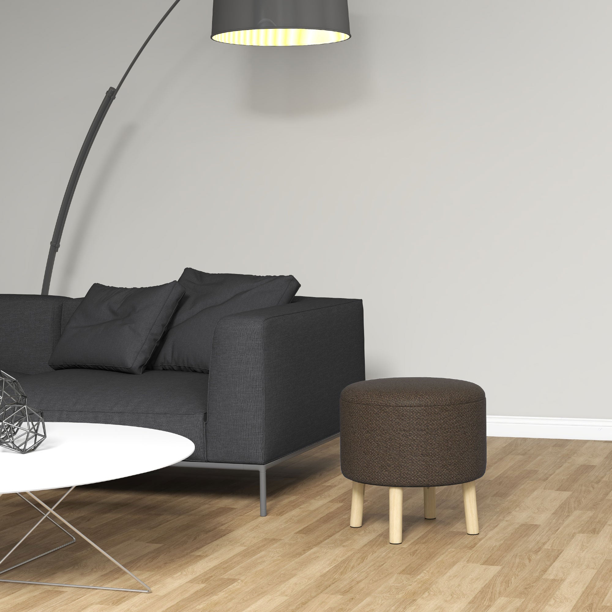 HOMCOM Round Storage Stool, Linen Fabric Upholstered Foot Stool with Removable Top, Padded Seat, Hidden Space and Wooden Legs for Living Room, Brown