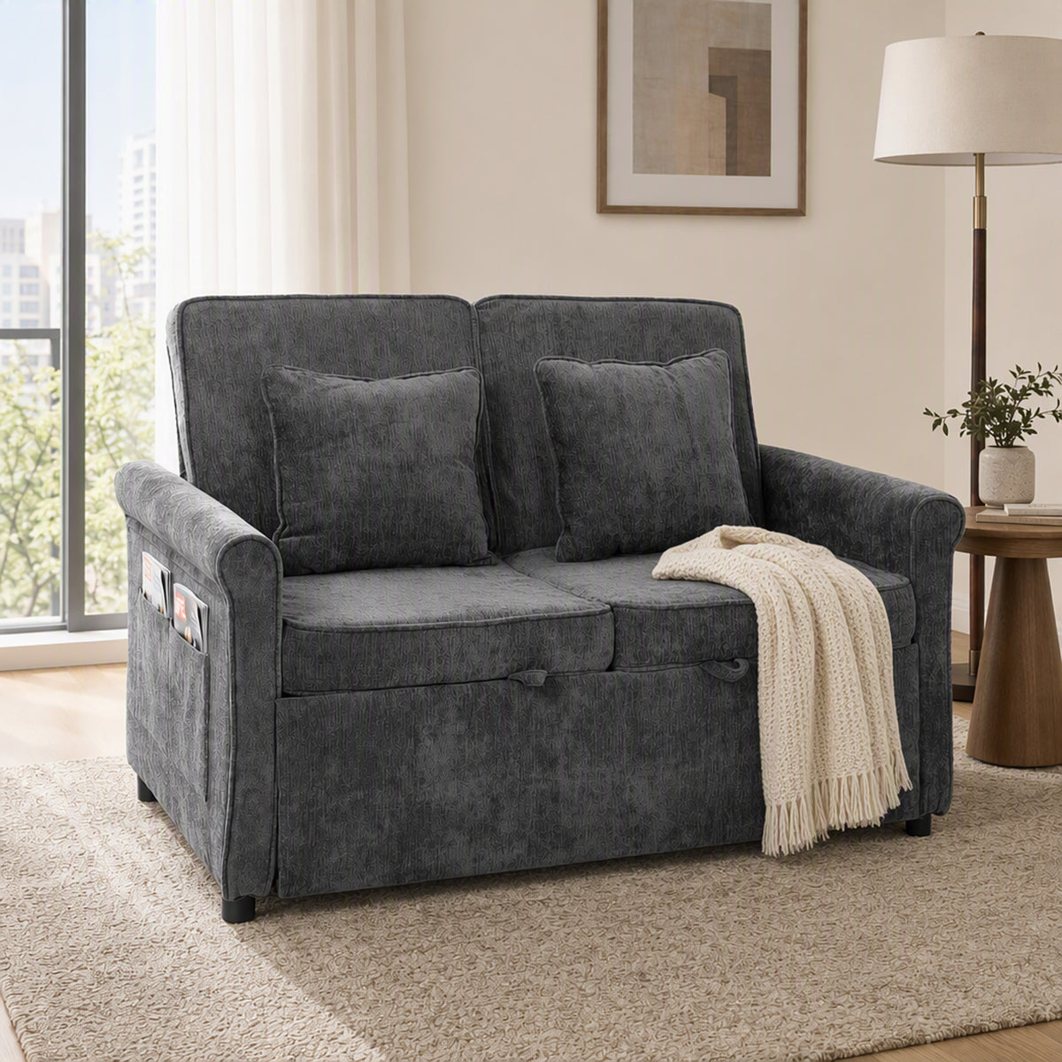 2 Seater Sofa Bed, 3-in-1 Convertible Pull Out Double Sleeper Sofa 190 x 130 cm, 5-Position Adjustable Backrest, Chenille Loveseat Bed Settee for Living Room, Bedroom, Guest Room, Grey