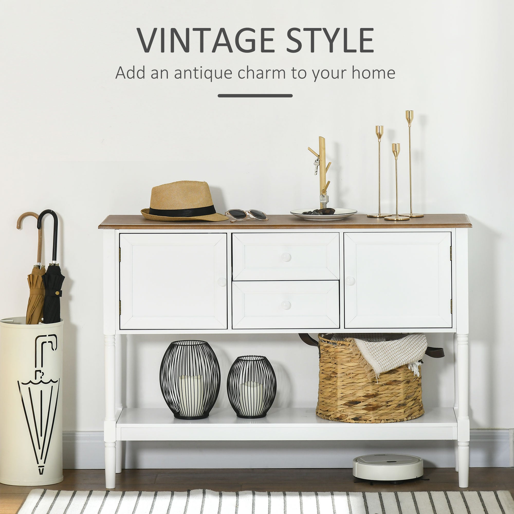 Console Table with 2 Drawers Cabinets & Bottom Shelf, Vintage Entryway Table, White