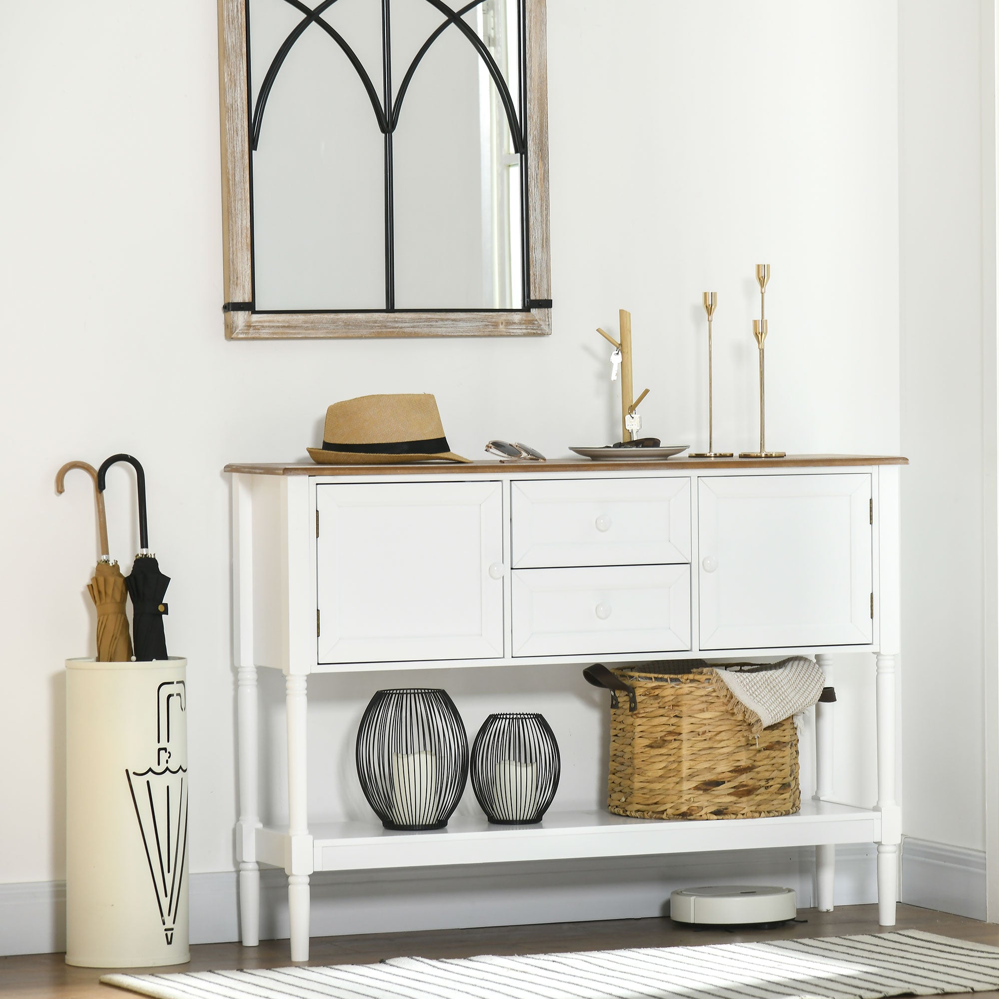 Console Table with 2 Drawers Cabinets & Bottom Shelf, Vintage Entryway Table, White