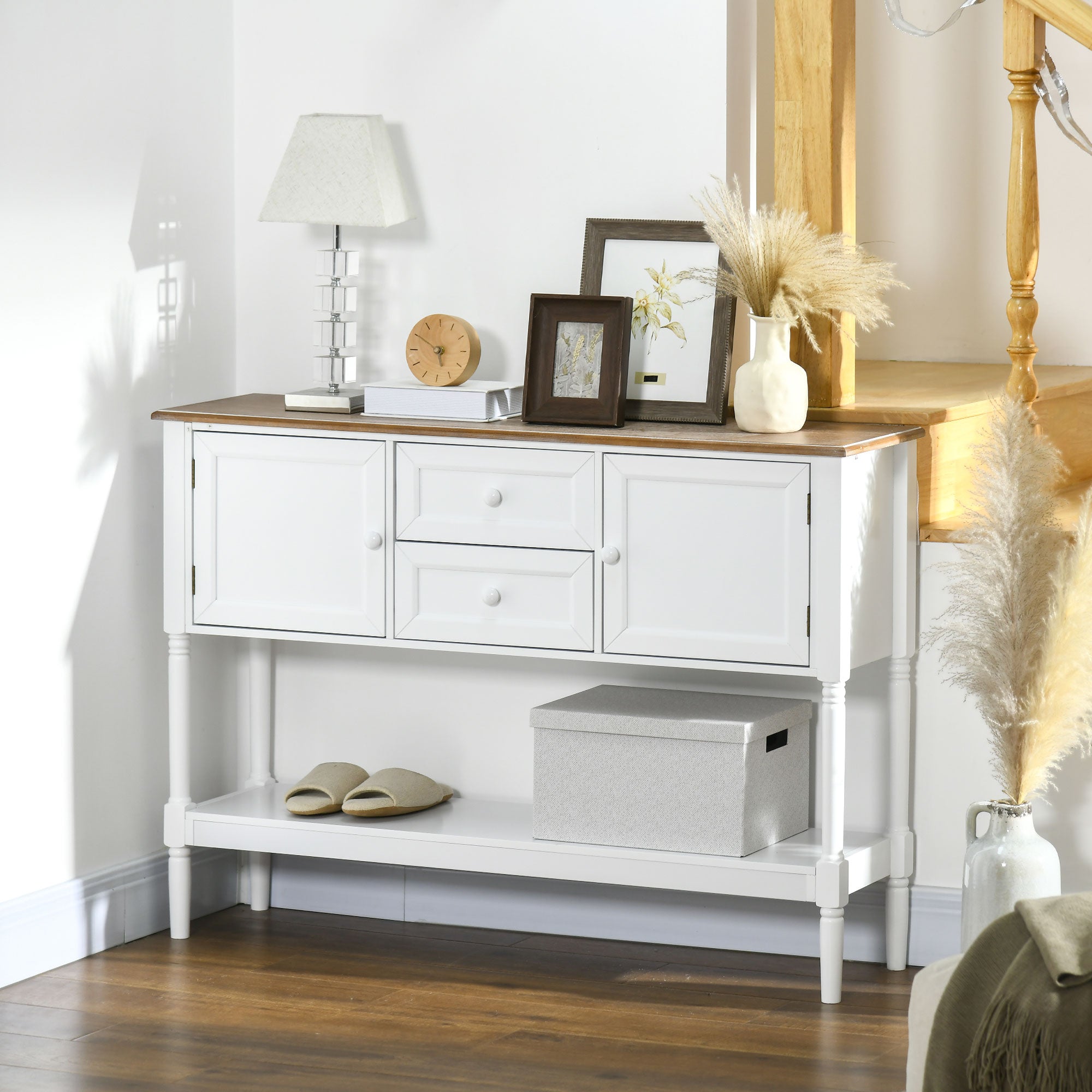 Console Table with 2 Drawers Cabinets & Bottom Shelf, Vintage Entryway Table, White