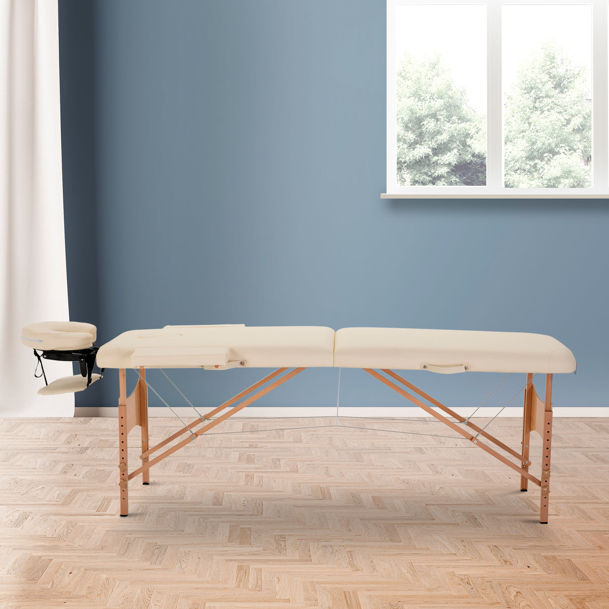 83 Inch Portable Folding Massage Table, Height Adjustable Professional Salon Spa Facial Couch Bed with Carrying Case, Headrest, Armrests, Beige