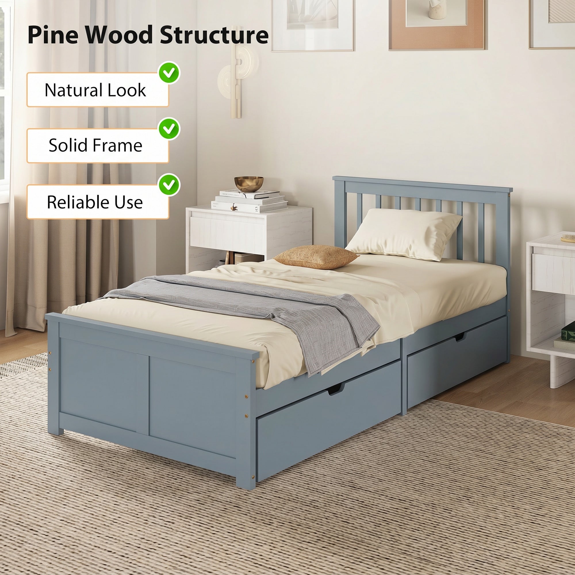 3ft Single Solid Wooden Bed Frame, Pine Storage Bed with Drawers, Headboard, Wood Slat Support, No Box Spring Needed, Easy Assembly, 90 x 190 cm, Grey