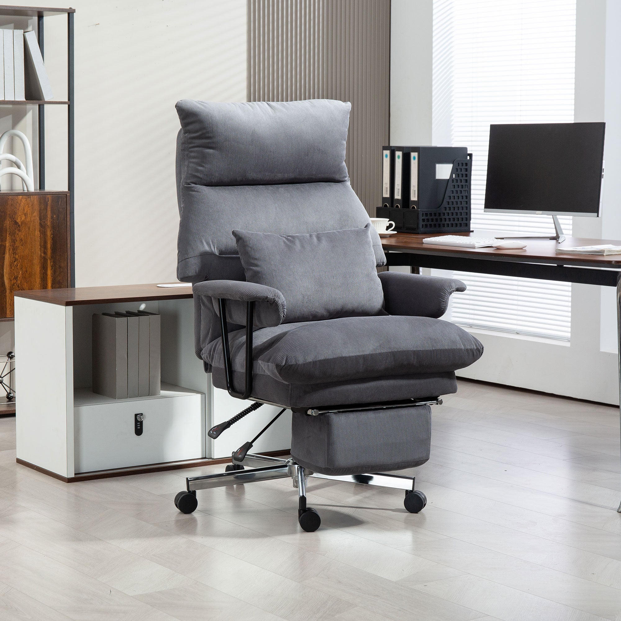 HOMCOM Large Overstuffed Office Chair with Lumbar Support, High Back Reclining Executive Corduroy Computer Desk Chair with Footrest, Swivel Wheels, Gray