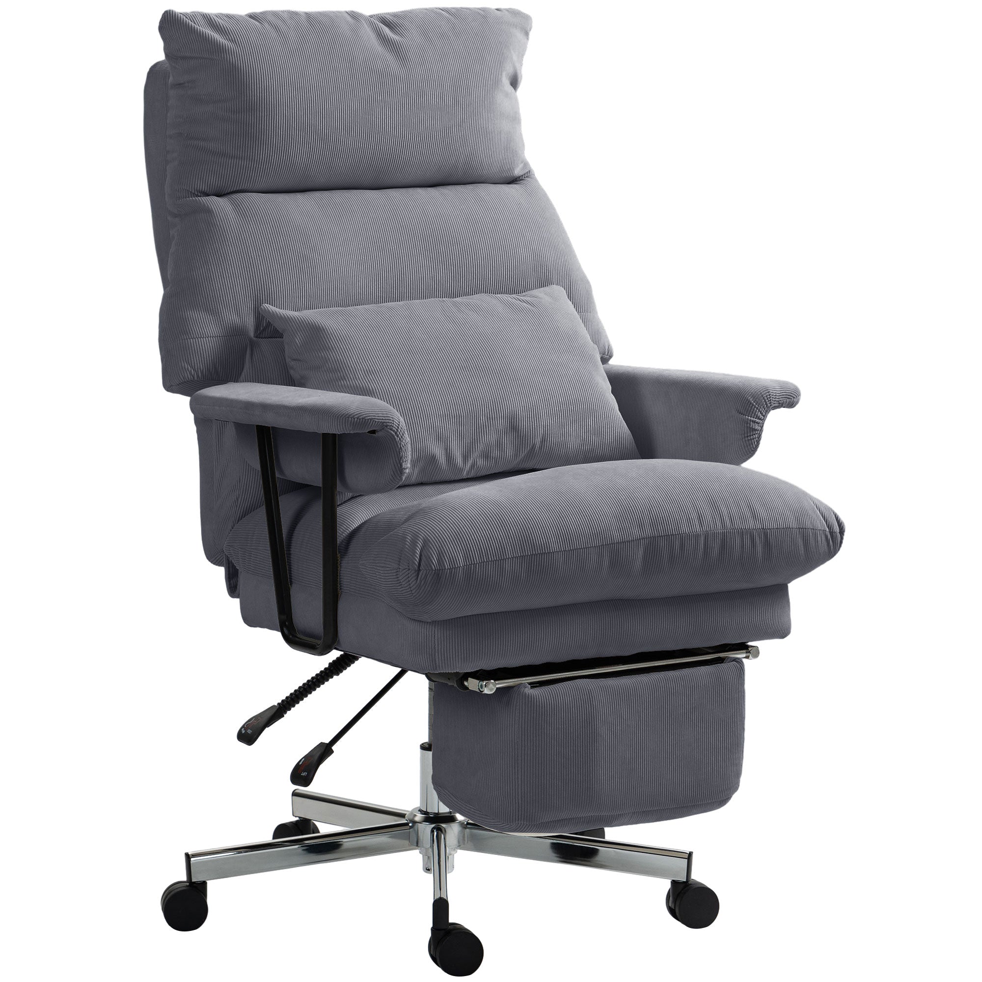 HOMCOM Large Overstuffed Office Chair with Lumbar Support, High Back Reclining Executive Corduroy Computer Desk Chair with Footrest, Swivel Wheels, Gray