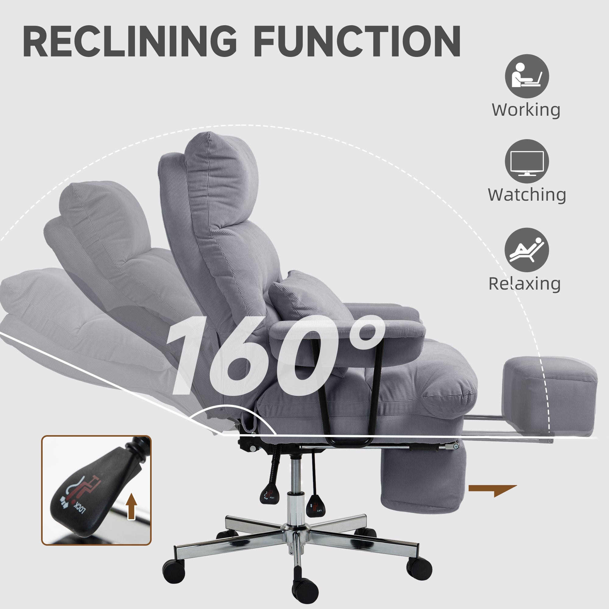 HOMCOM Large Overstuffed Office Chair with Lumbar Support, High Back Reclining Executive Corduroy Computer Desk Chair with Footrest, Swivel Wheels, Gray