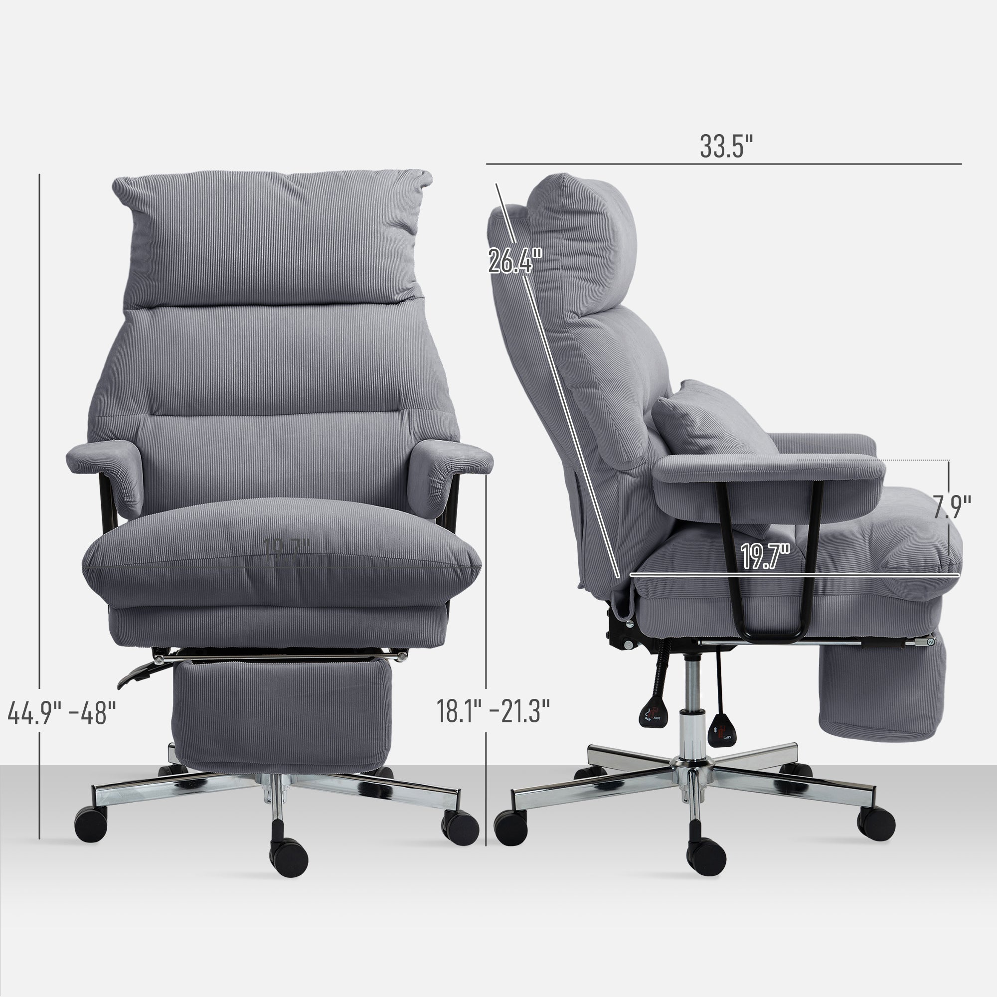 HOMCOM Large Overstuffed Office Chair with Lumbar Support, High Back Reclining Executive Corduroy Computer Desk Chair with Footrest, Swivel Wheels, Gray