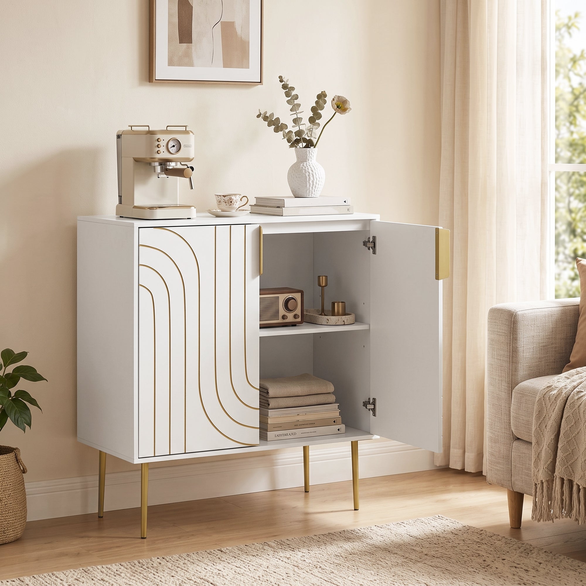 Storage Cabinet, Modern Kitchen Cupboard with 2 Doors, Adjustable Shelf and Metal Legs, Freestanding Sideboard for Living Room, Dining Room, Hallway, White